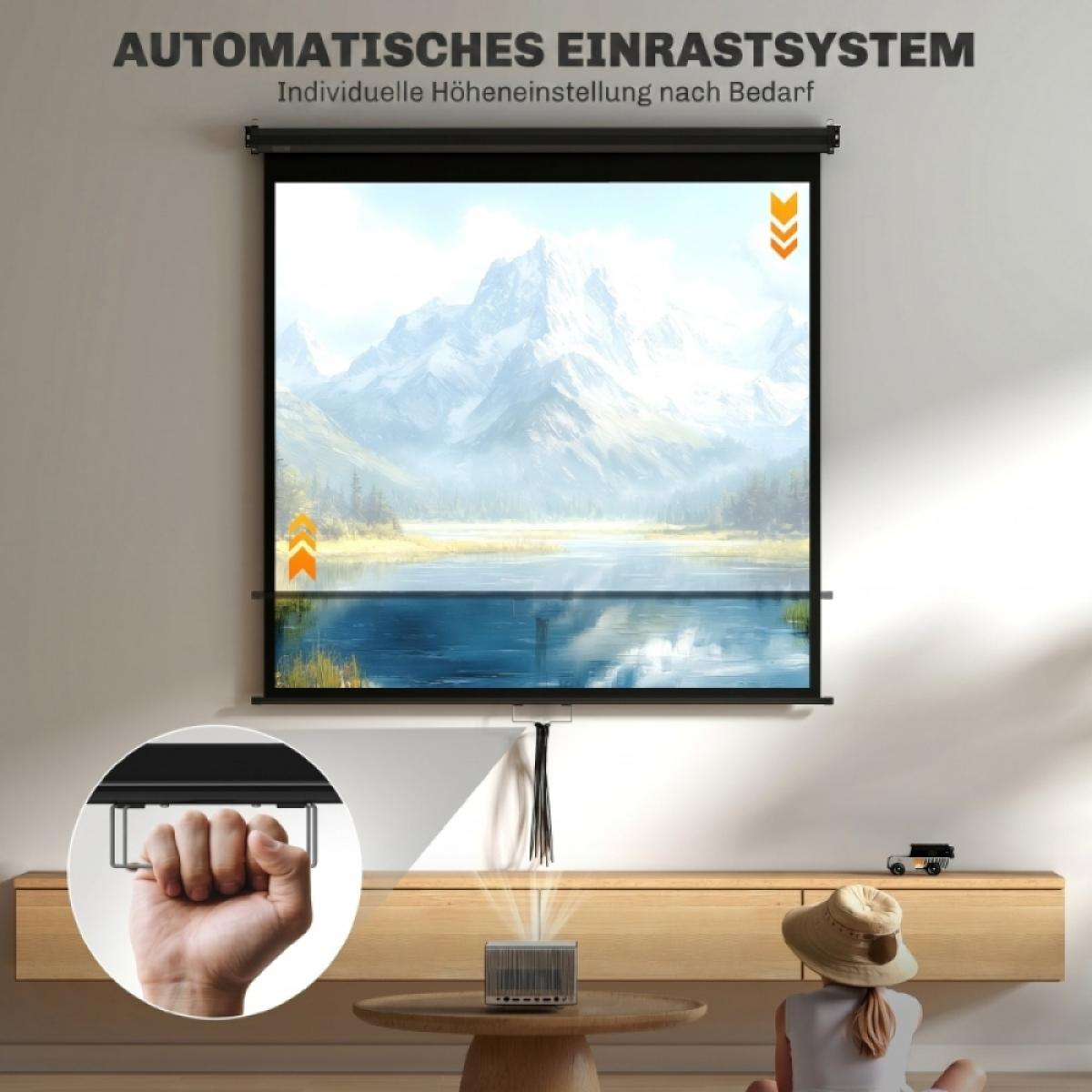 Eine Leinwand hängt an der Wand, darunter sitzt ein Kind und ein Beamer projiziert ein Bergpanorama.
