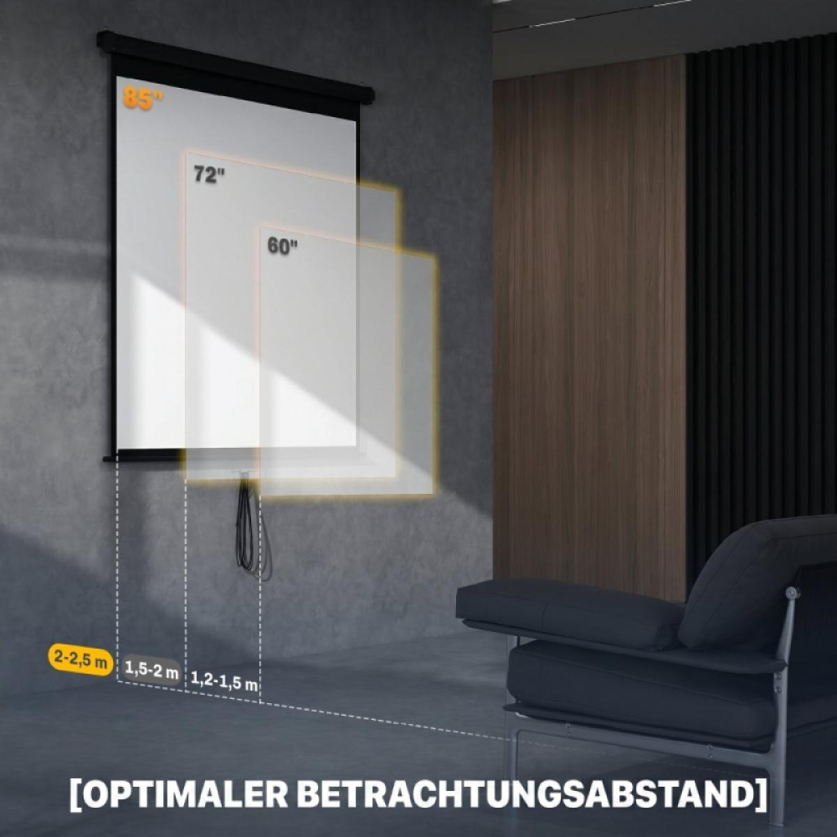 Diagramm zeigt optimale Betrachtungsabstände für Projektionswände in verschiedenen Größen.