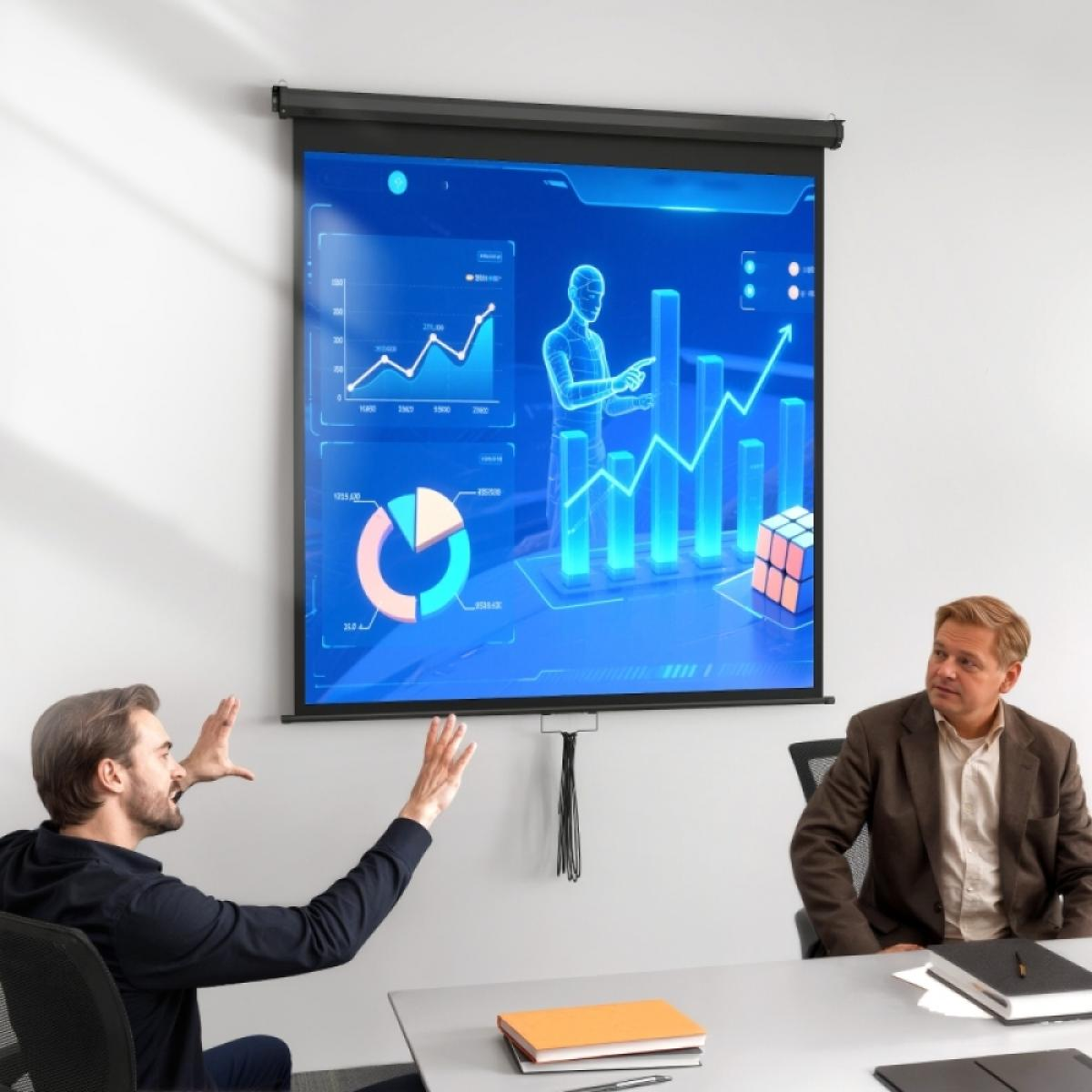 Zwei Männer sitzen im Besprechungsraum vor einer Leinwand mit Daten und Diagrammen.
