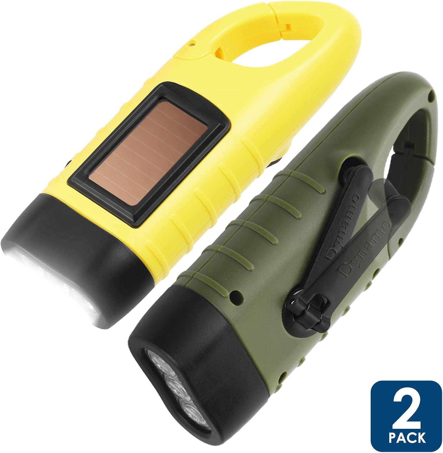 Zwei Handlampen mit Karikabinern, eine gelbe mit Solarpanel und eine grüne mit Handkurbel.