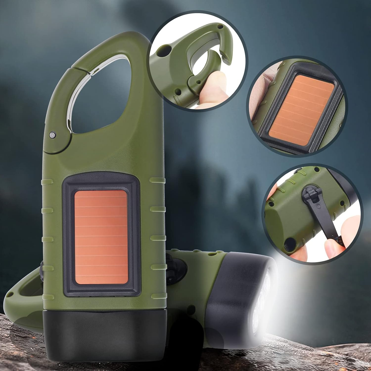 Grüne Solar-Taschenlampe mit Karabinerhaken, integriertem Solarpanel und Handkurbel für Outdoor-Nutzung.