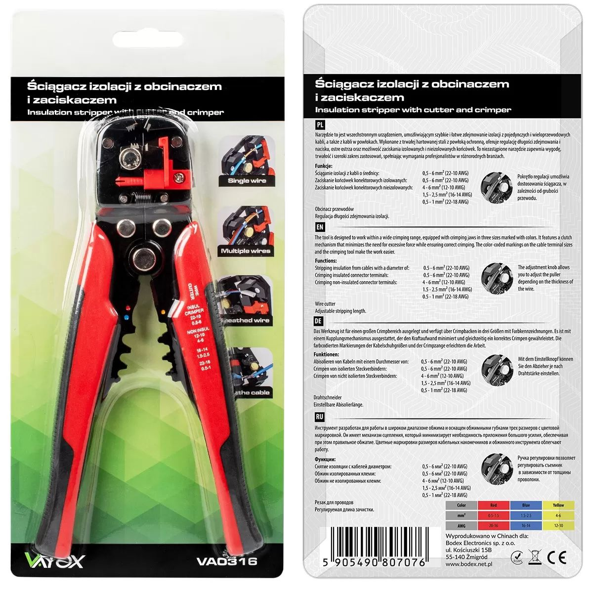 Rot-schwarze Abisolierzange mit Verpackung und Beschreibung.
