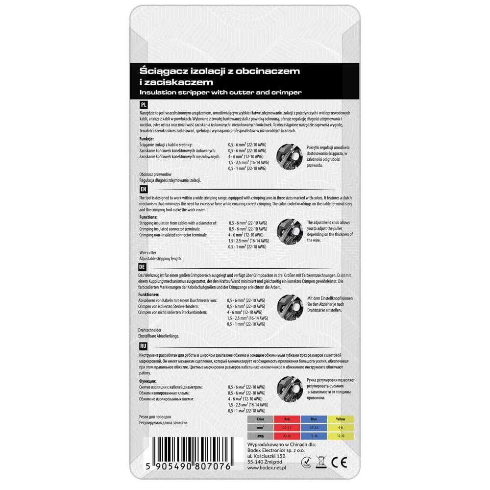 Verpackungsrückseite für eine Abisolierzange mit mehrsprachigen Beschreibungen und technischen Daten.