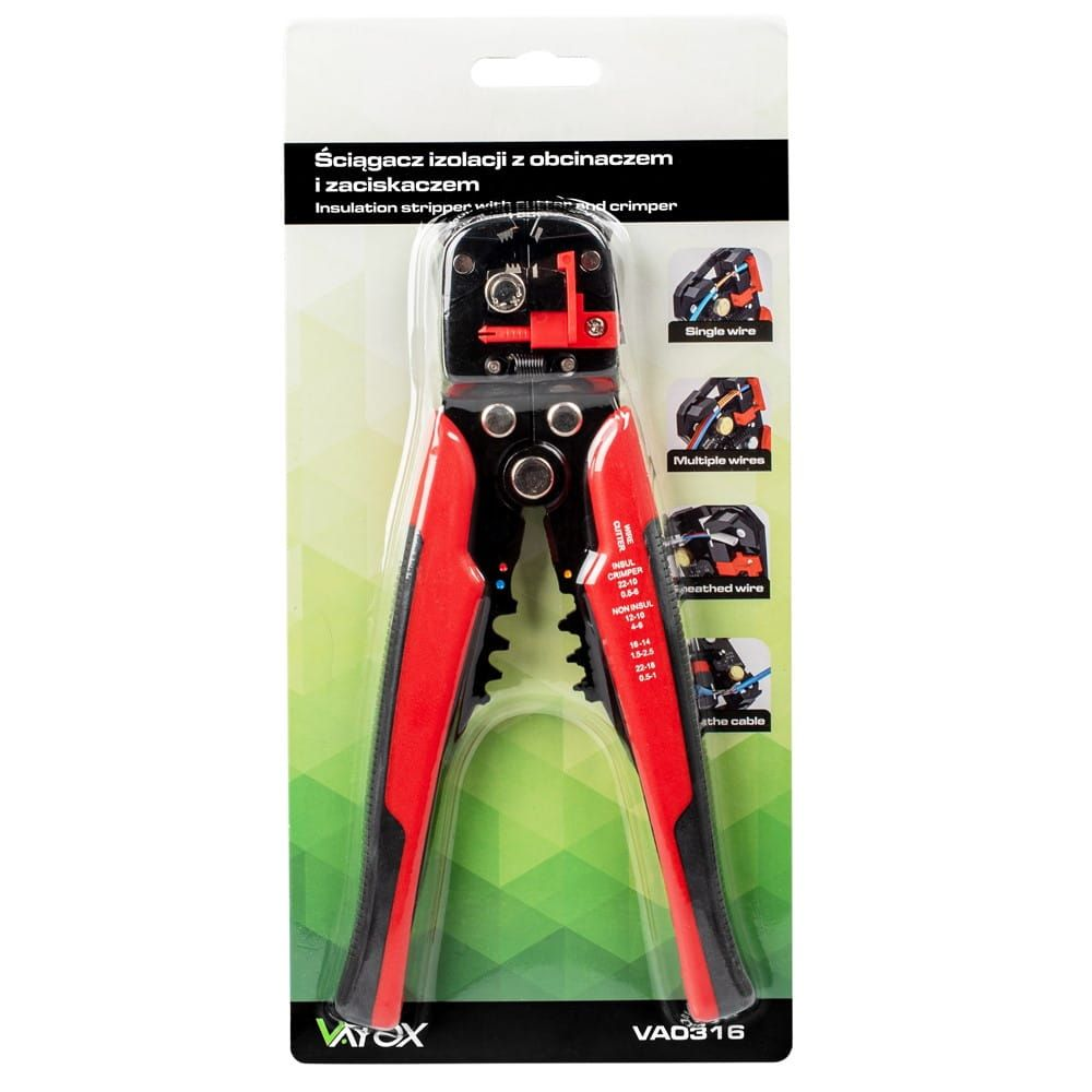 Rot-schwarze Abisolierzange in Blisterverpackung mit Produktgrafiken.