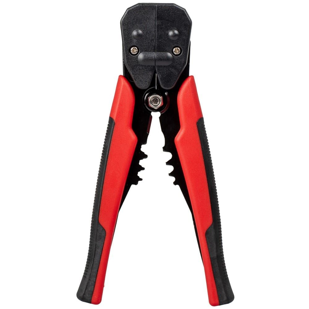 Schwarze Crimpzange mit roten und schwarzen ergonomischen Griffen vor weißem Hintergrund.