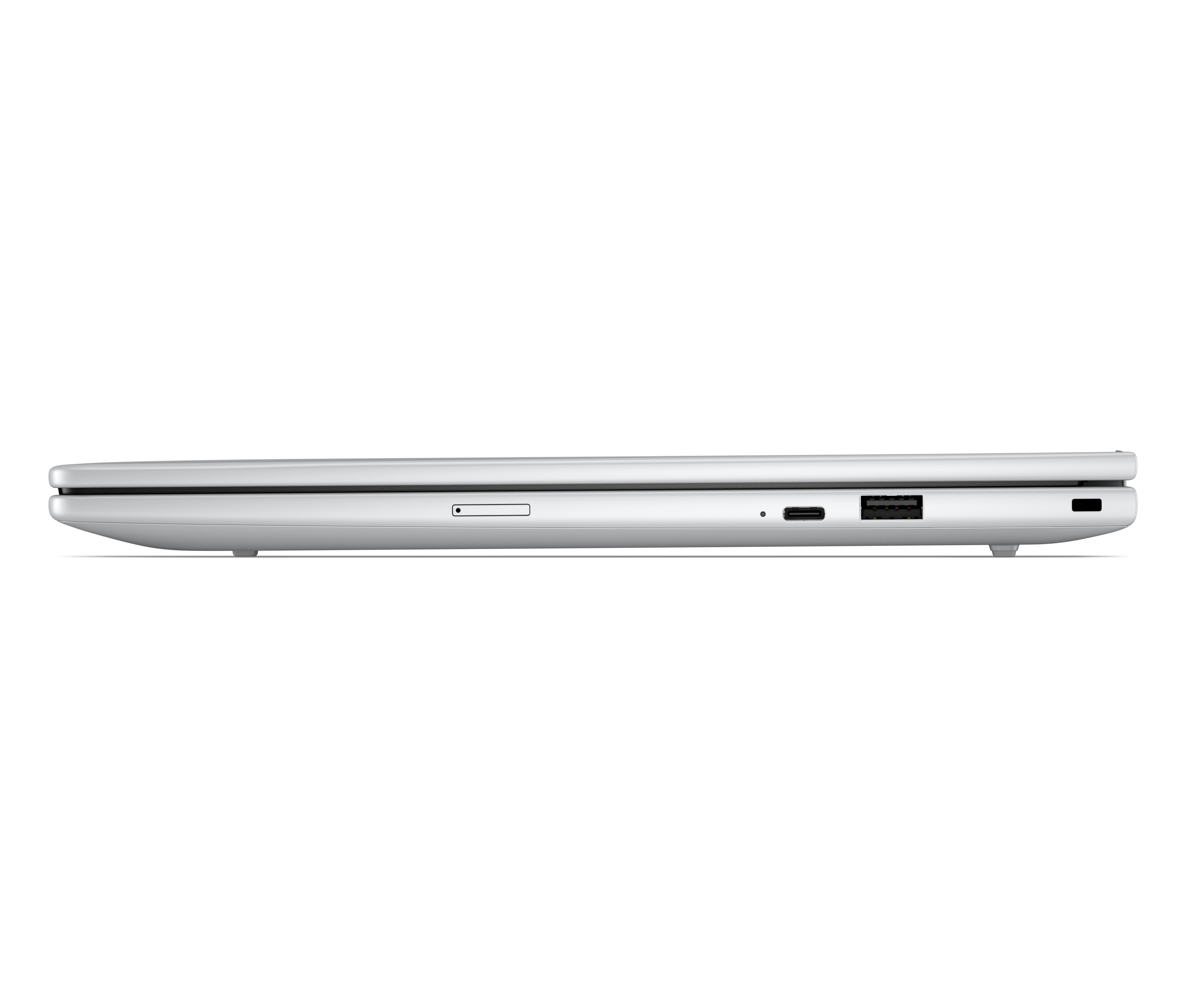 Side view of a silver laptop showing ports including USB and a card reader.