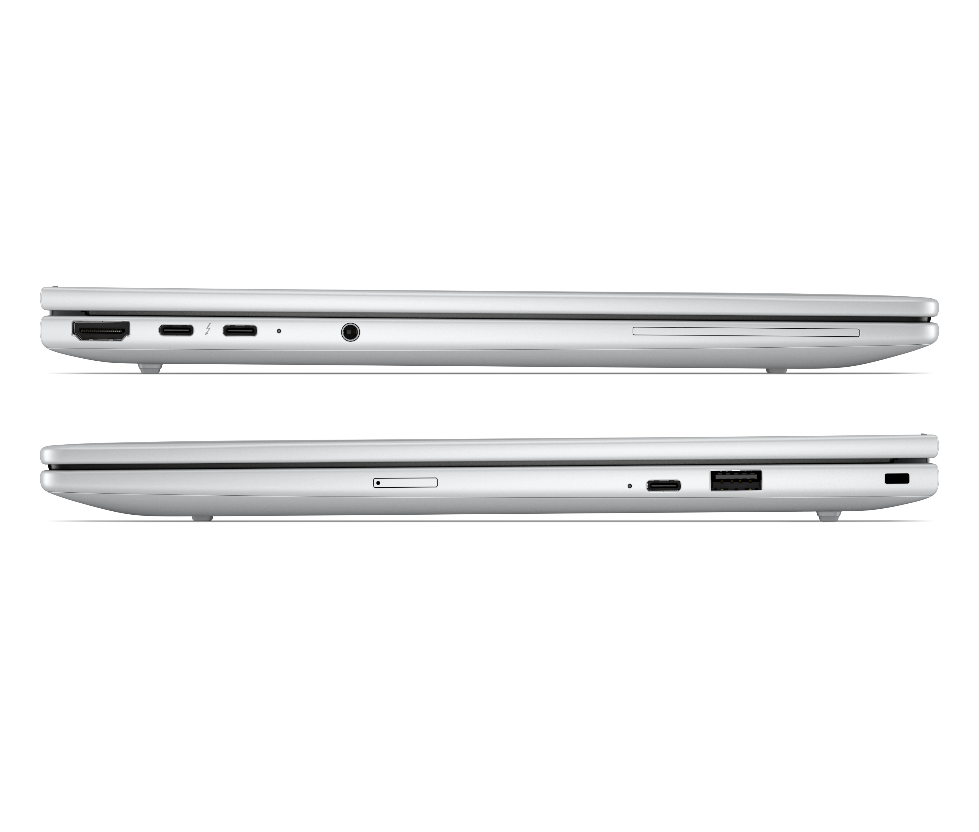 Side view of a closed silver laptop showing HDMI, USB-C, and USB ports.