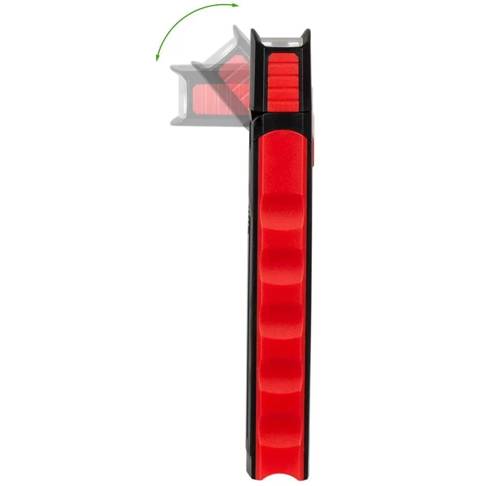 Czerwono-czarna lampa robocza z regulowaną głowicą, którą można złożyć.