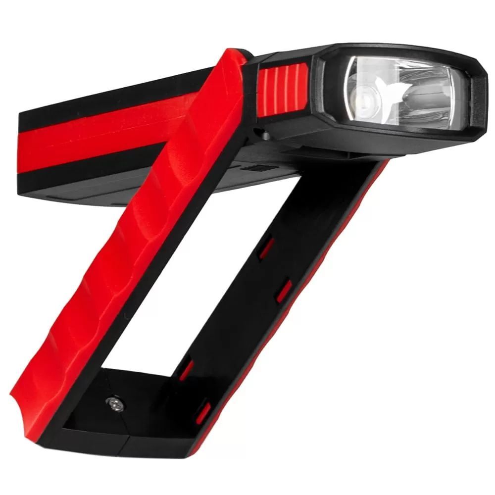 Czerwono-czarna lampa robocza z regulowanym uchwytem i jasną żarówką LED.
