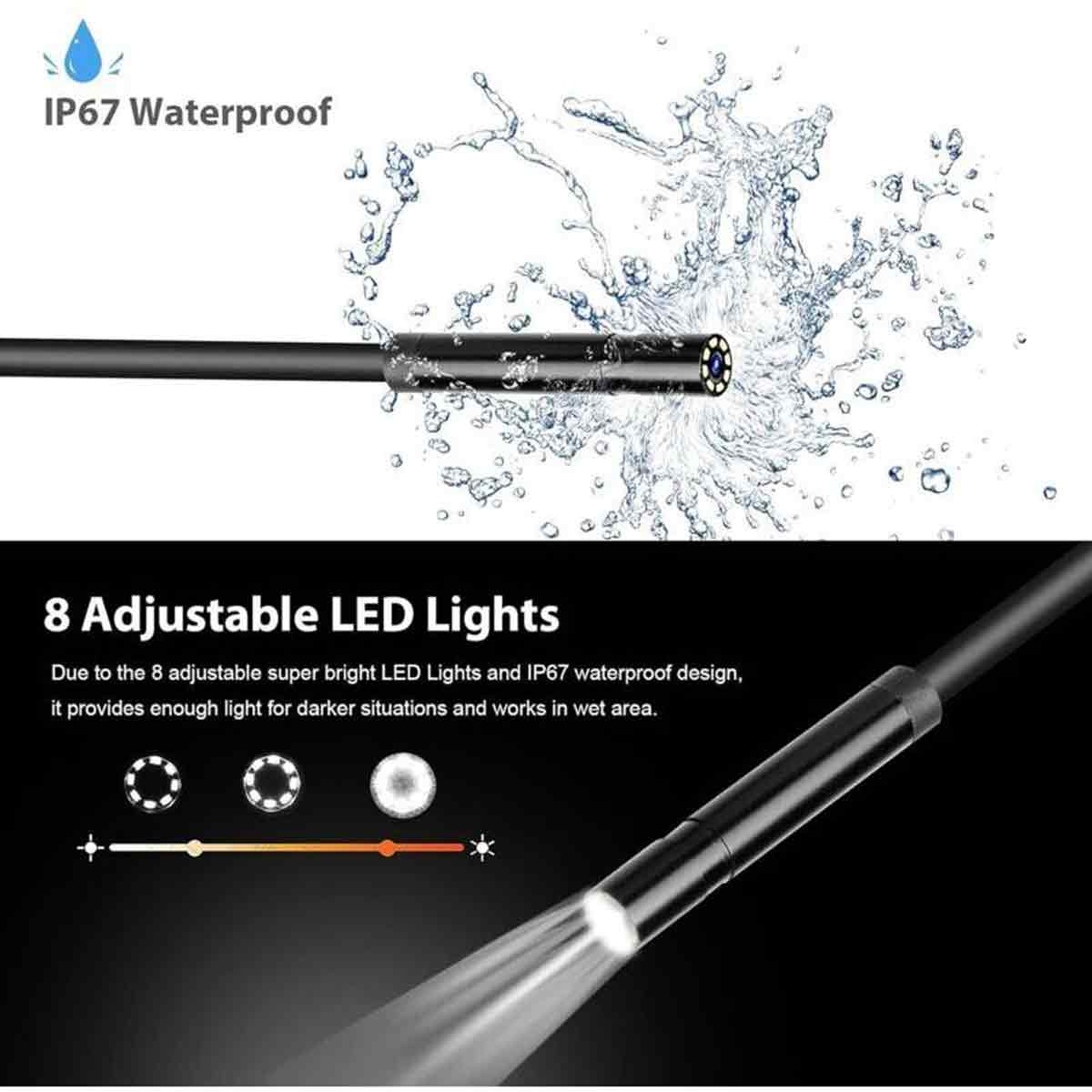 Wasserdichte Endoskopkamera mit 8 einstellbaren LEDs spritzt im Wasser.