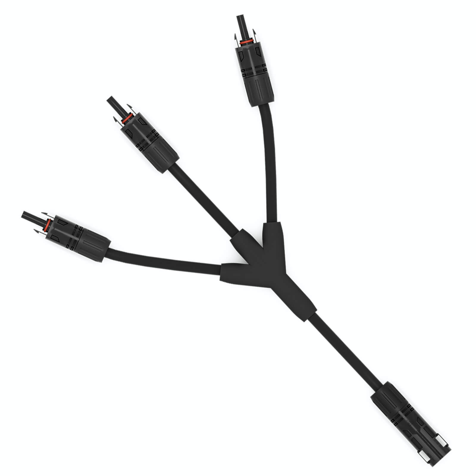 Ein schwarzer Solarkabel-Verteiler mit einem Eingang, der sich in drei Ausgänge teilt, vor weißem Hintergrund.