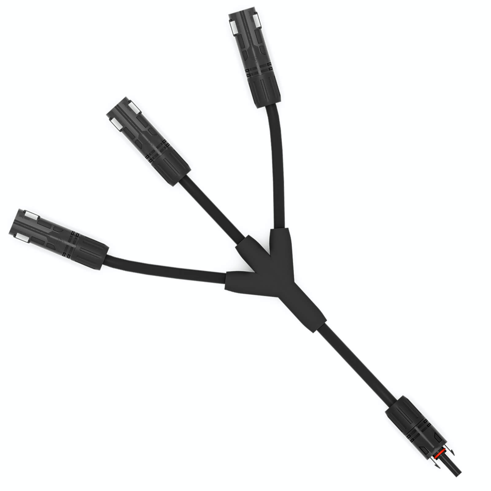 Ein schwarzes 3-zu-1-Solarpanel-Abzweigkabel auf weißem Hintergrund.