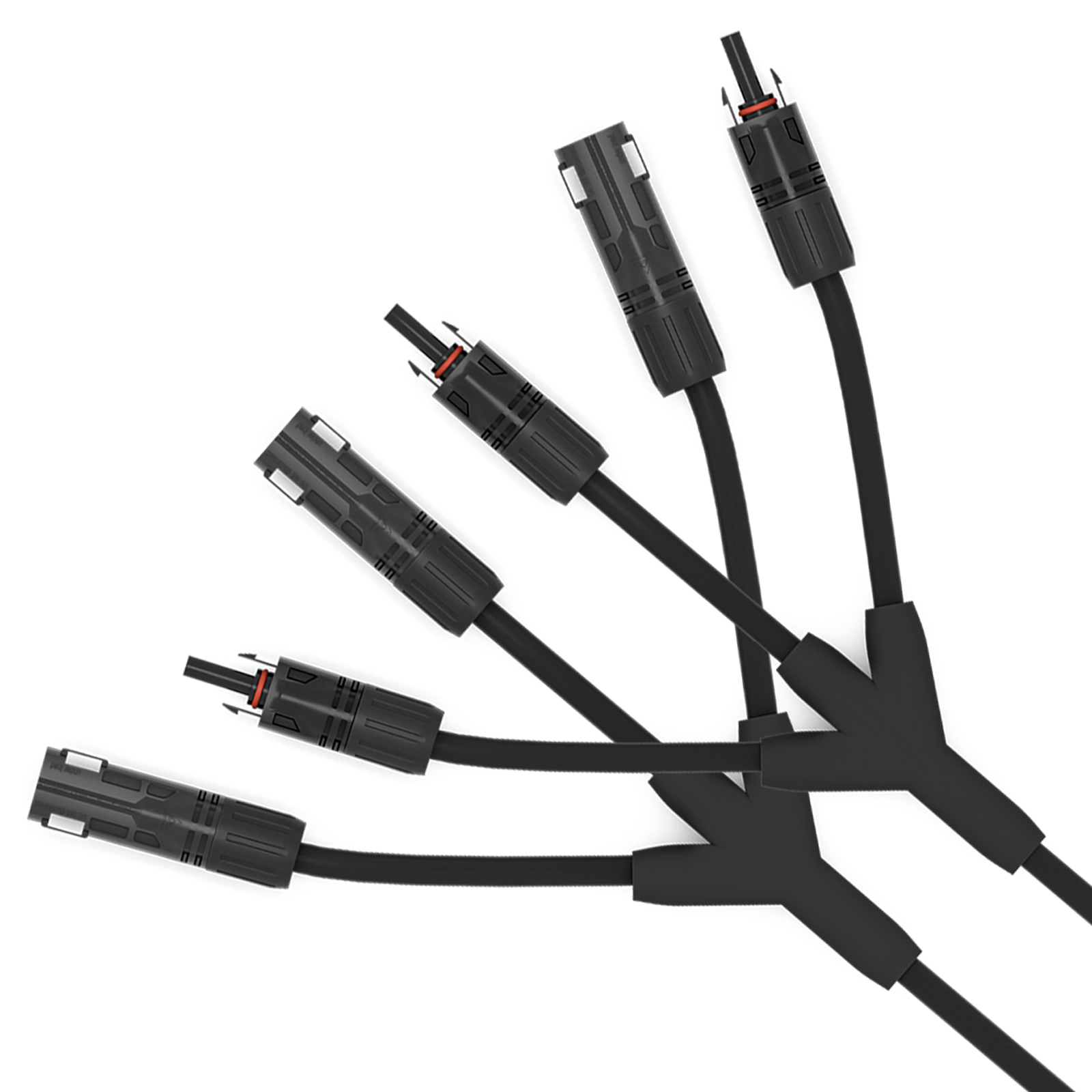 Sechs schwarze Solarkabel mit Steckern verzweigen sich auf weißem Grund.