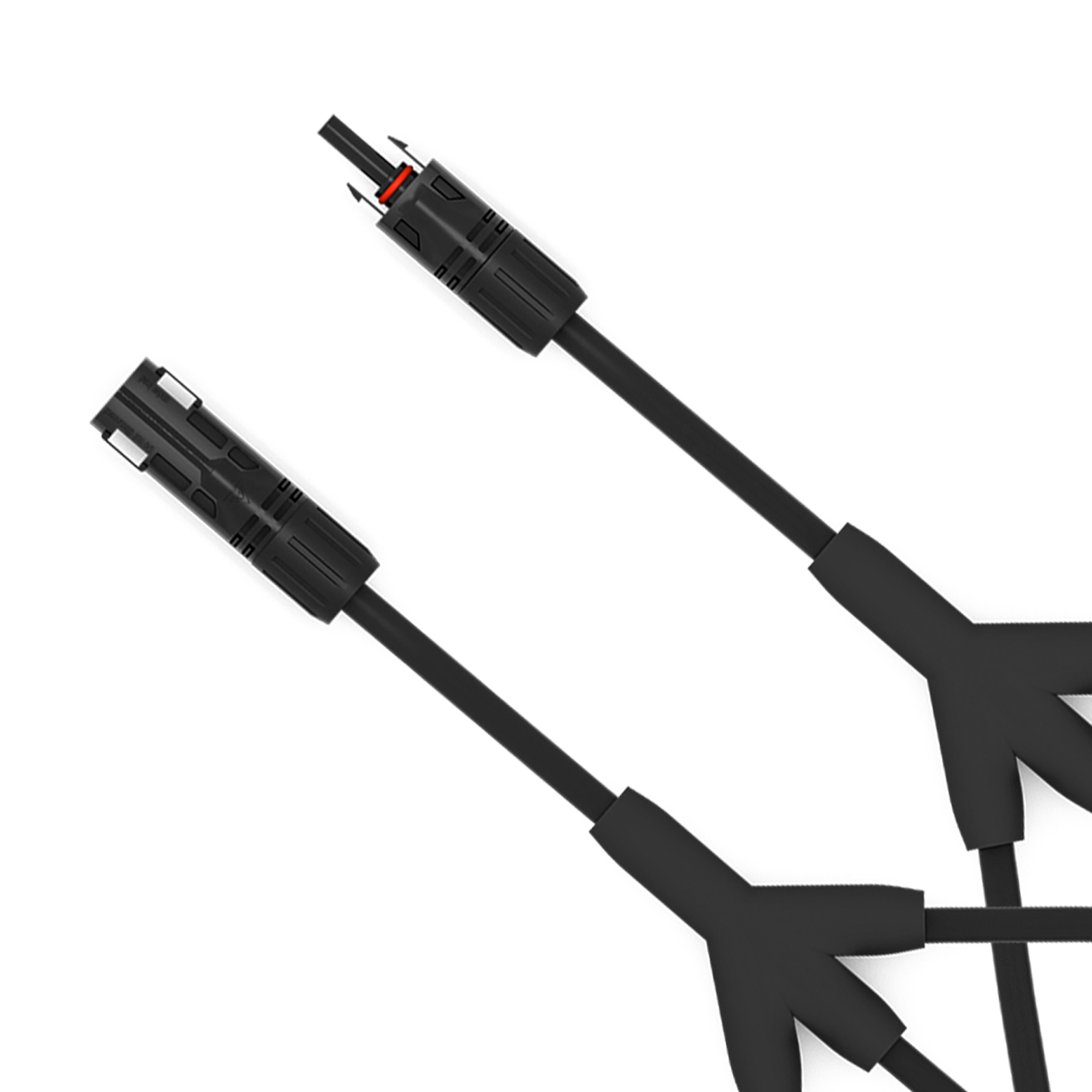 Zwei schwarze Solarkabel mit Steckverbindern auf weißem Hintergrund.
