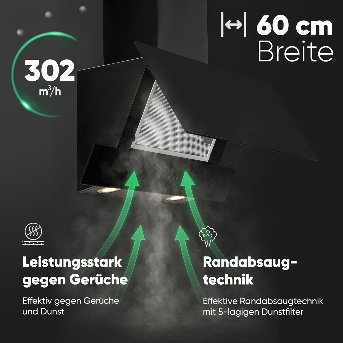 Schwarze Dunstabzugshaube mit 60 cm Breite und grünen Pfeilen, die den Dampfabzug zeigen.
