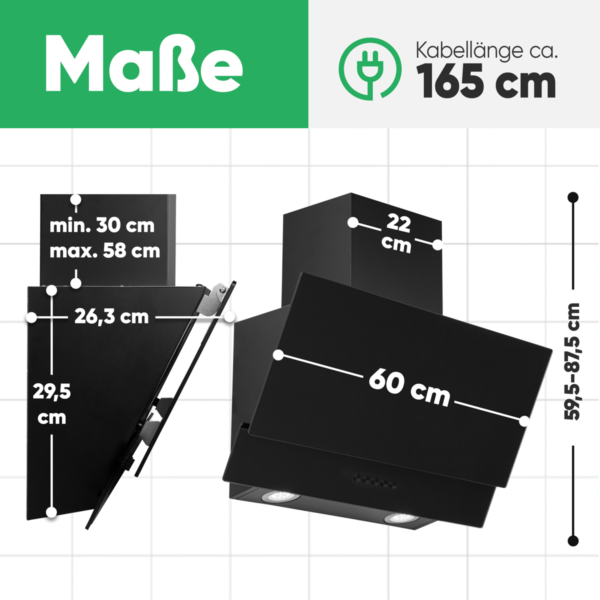Technische Zeichnung einer schwarzen Dunstabzugshaube mit Maßangaben in Zentimetern und Kabellänge von 165 cm.
