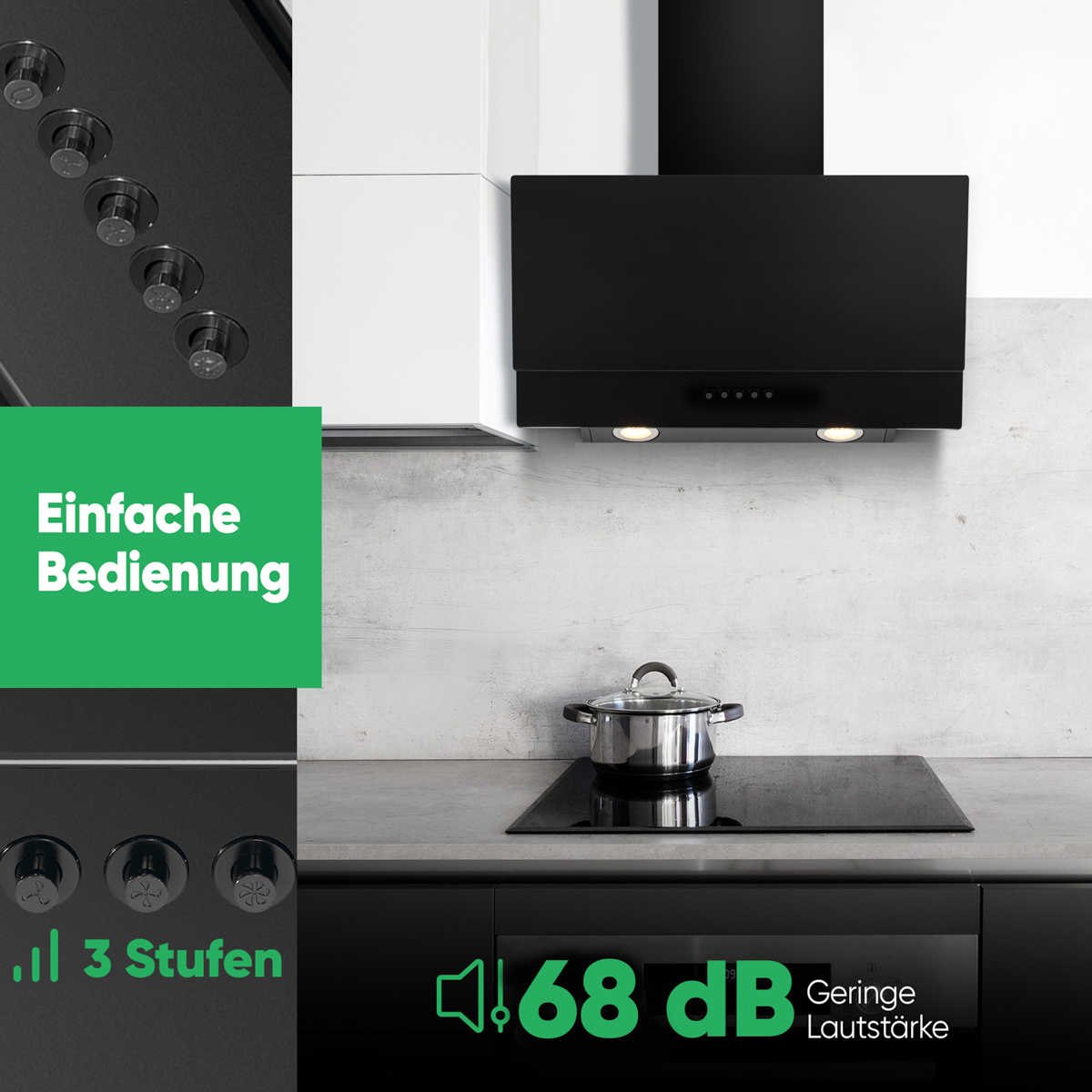 Schwarze Dunstabzugshaube über einem Kochfeld, mit Detailansichten der Bedienelemente und technischen Daten.