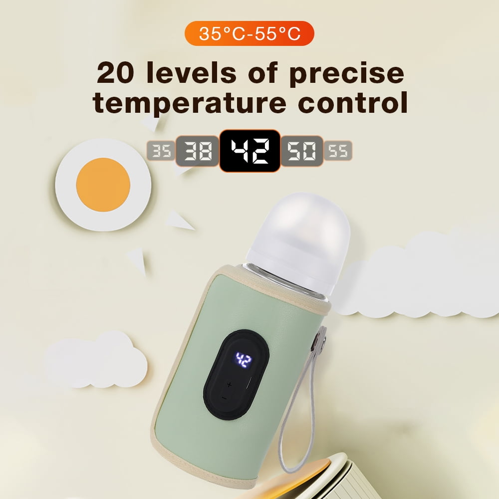 Grüner Flaschenwärmer mit Display zeigt 42 Grad, Text über präzise Temperaturregelung von 35-55 Grad.