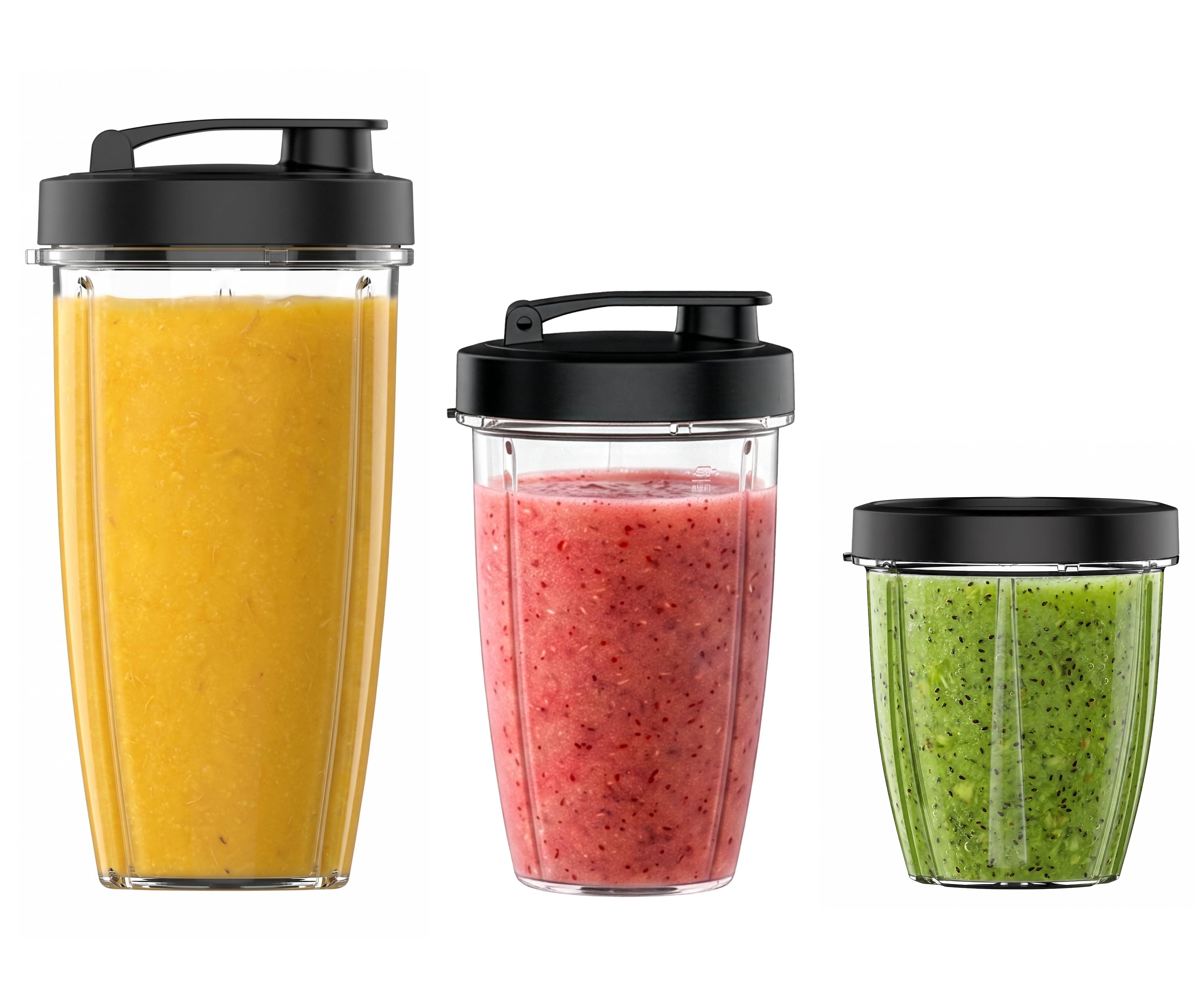 Trois tasses à smoothie de tailles différentes avec du contenu jaune, rouge et vert et des couvercles noirs sur fond blanc.
