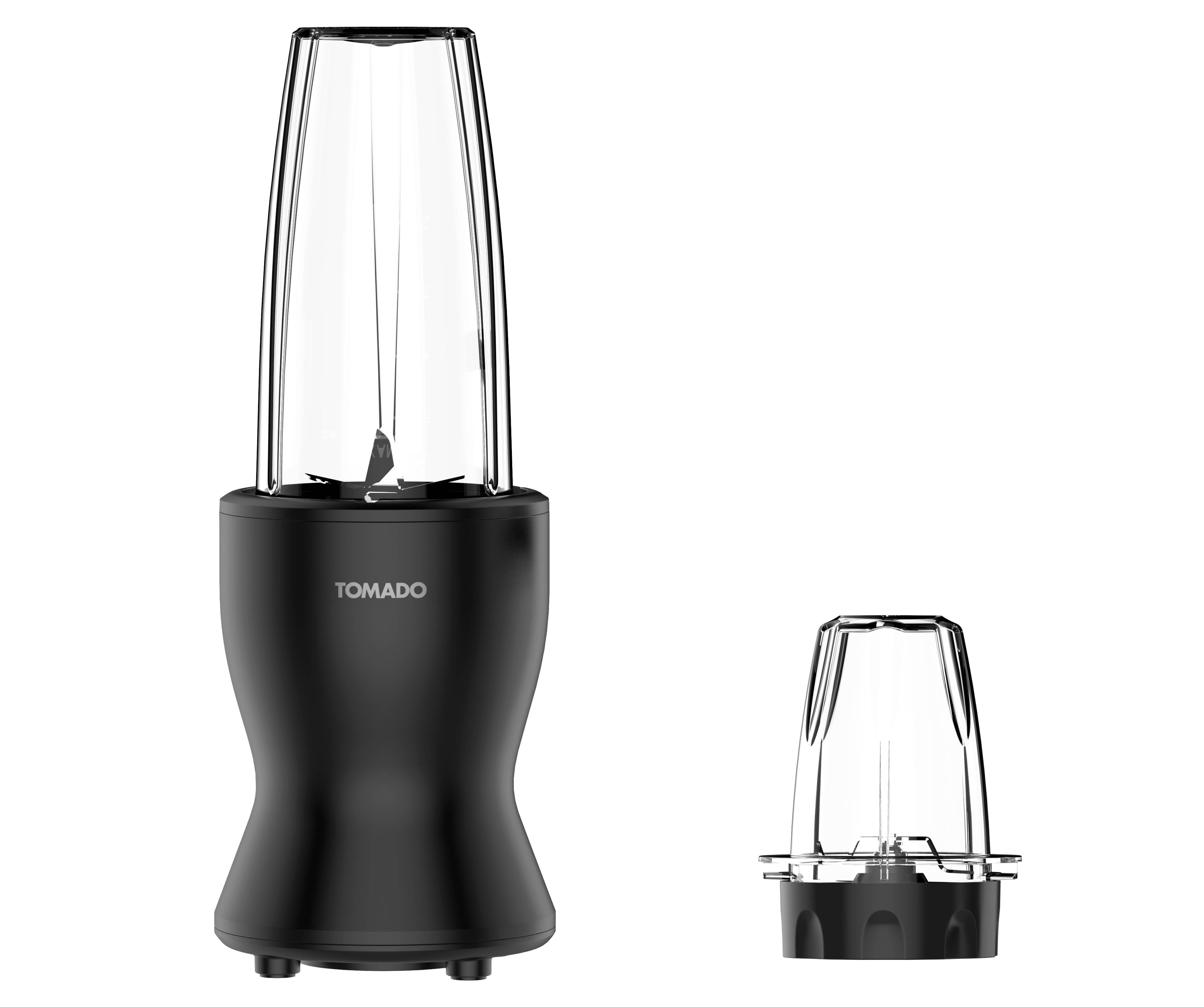 Un blender noir Tomado avec un gobelet transparent et un plus petit gobelet à côté, sur fond blanc.