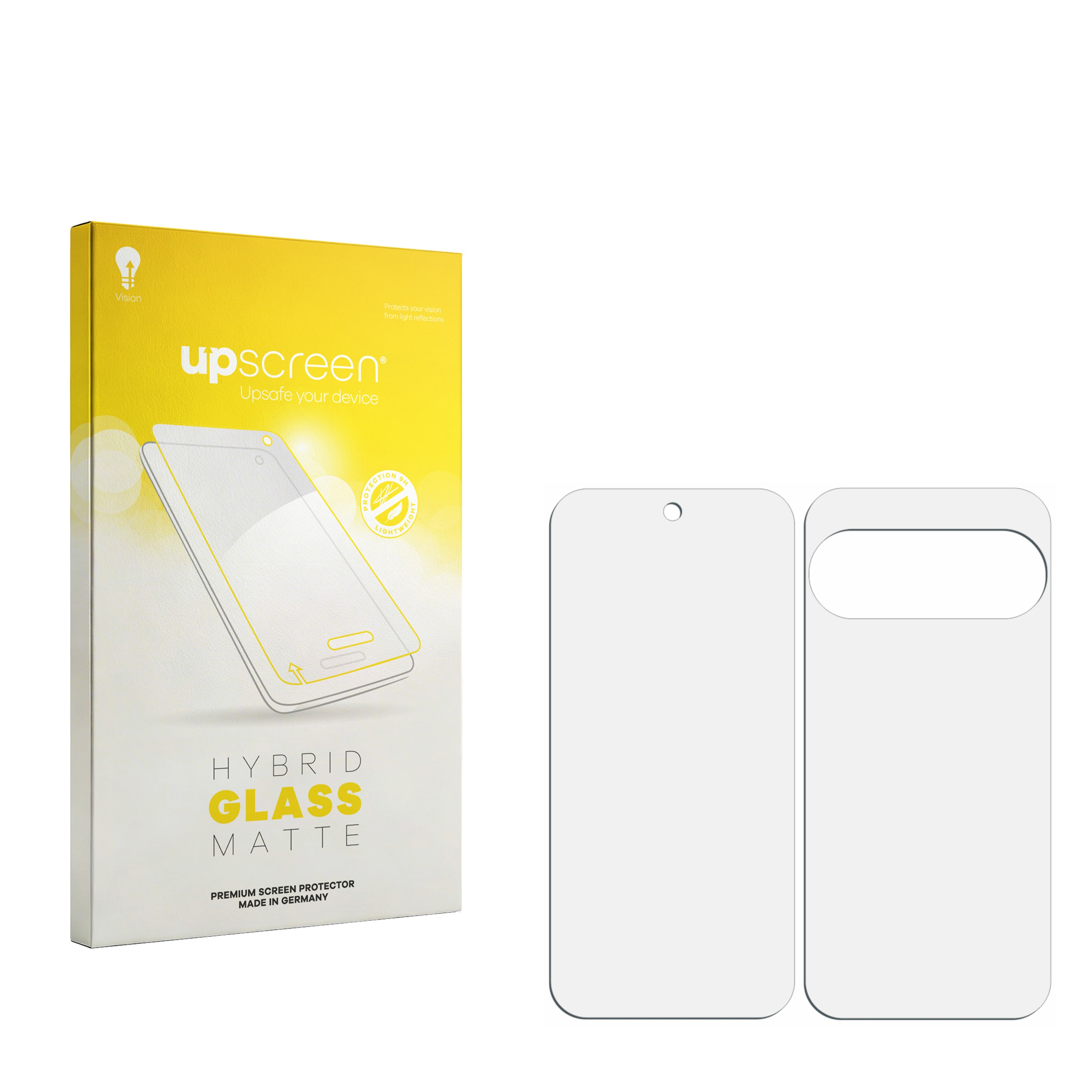 Upscreen Hybrid Glass Matte Displayschutzverpackung mit zwei Schutzfolien daneben.