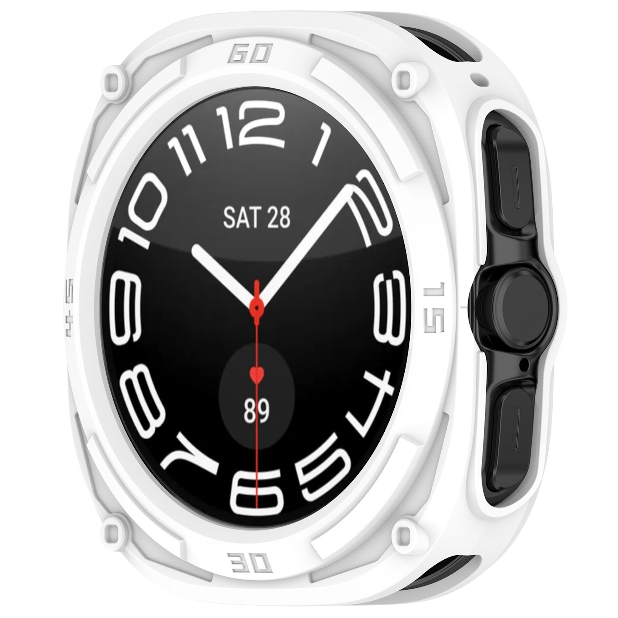 Eine weiße Smartwatch mit schwarzem Zifferblatt, weißen Zahlen, rotem Sekundezeiger und robuster Schutzhülle.