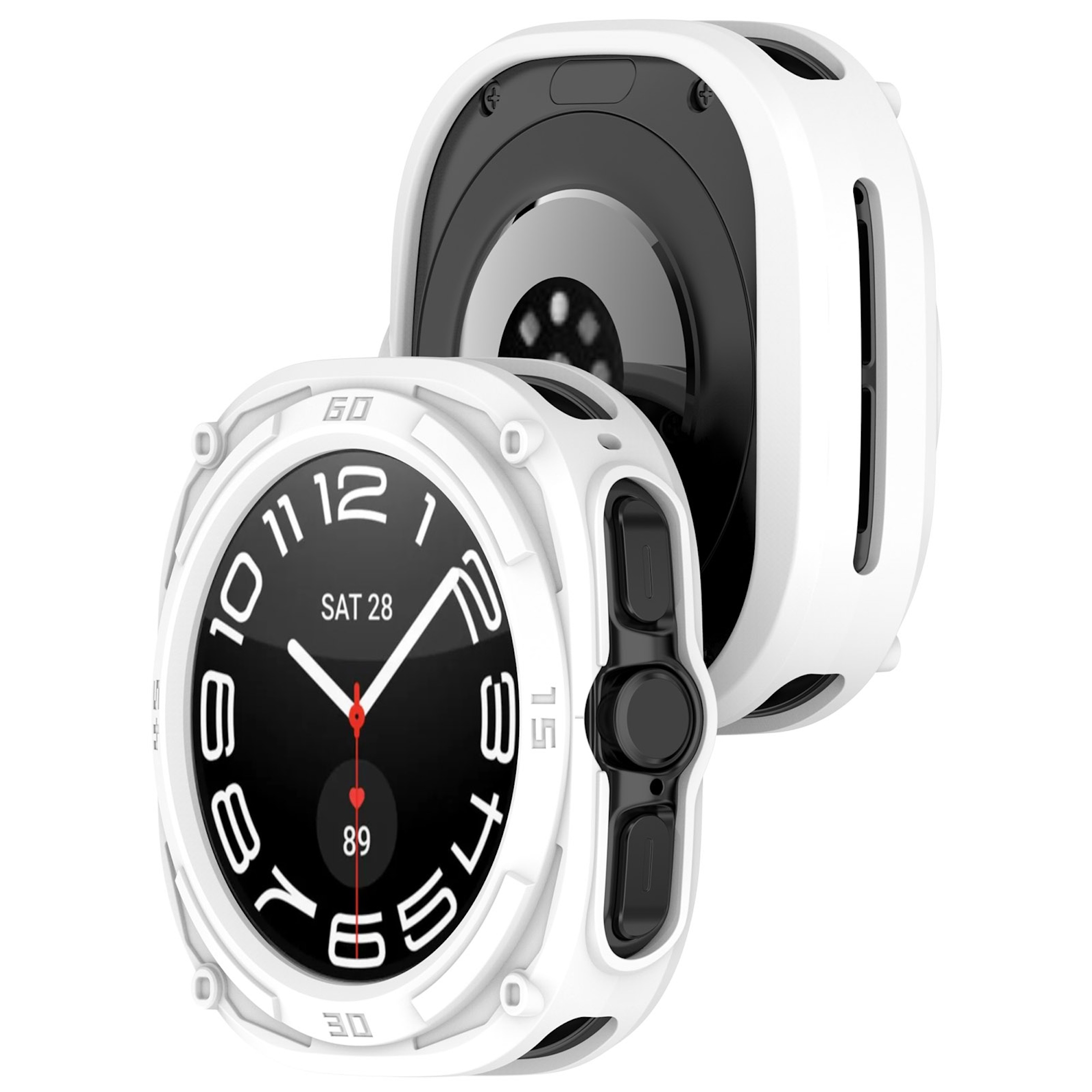 Weiße Schutzhülle auf einer Smartwatch mit schwarzem Zifferblatt, die Zeit und Herzfrequenz anzeigt.