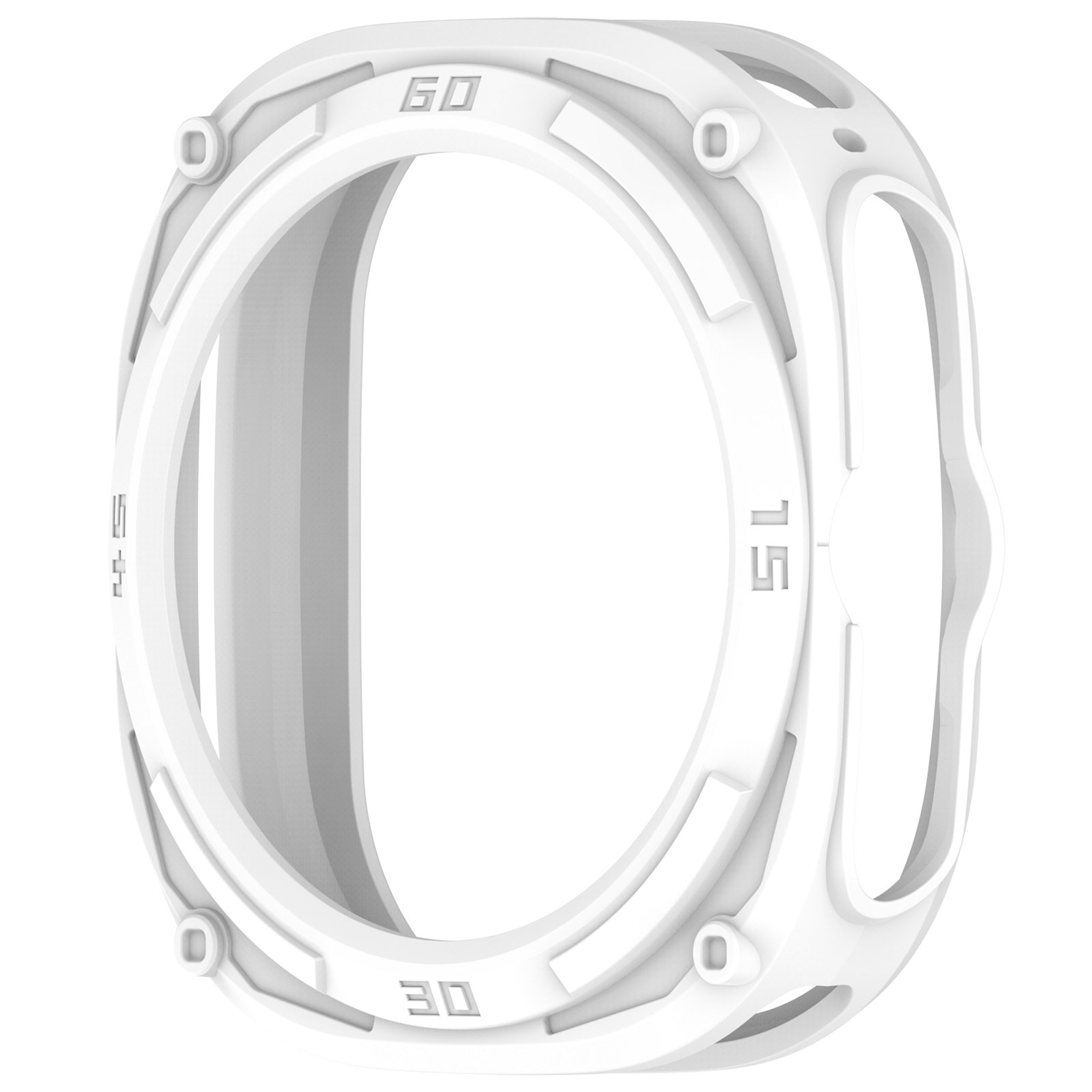 Weiße Schutzhülle für eine rechteckige Smartwatch mit Ziffernblattmarkierungen.