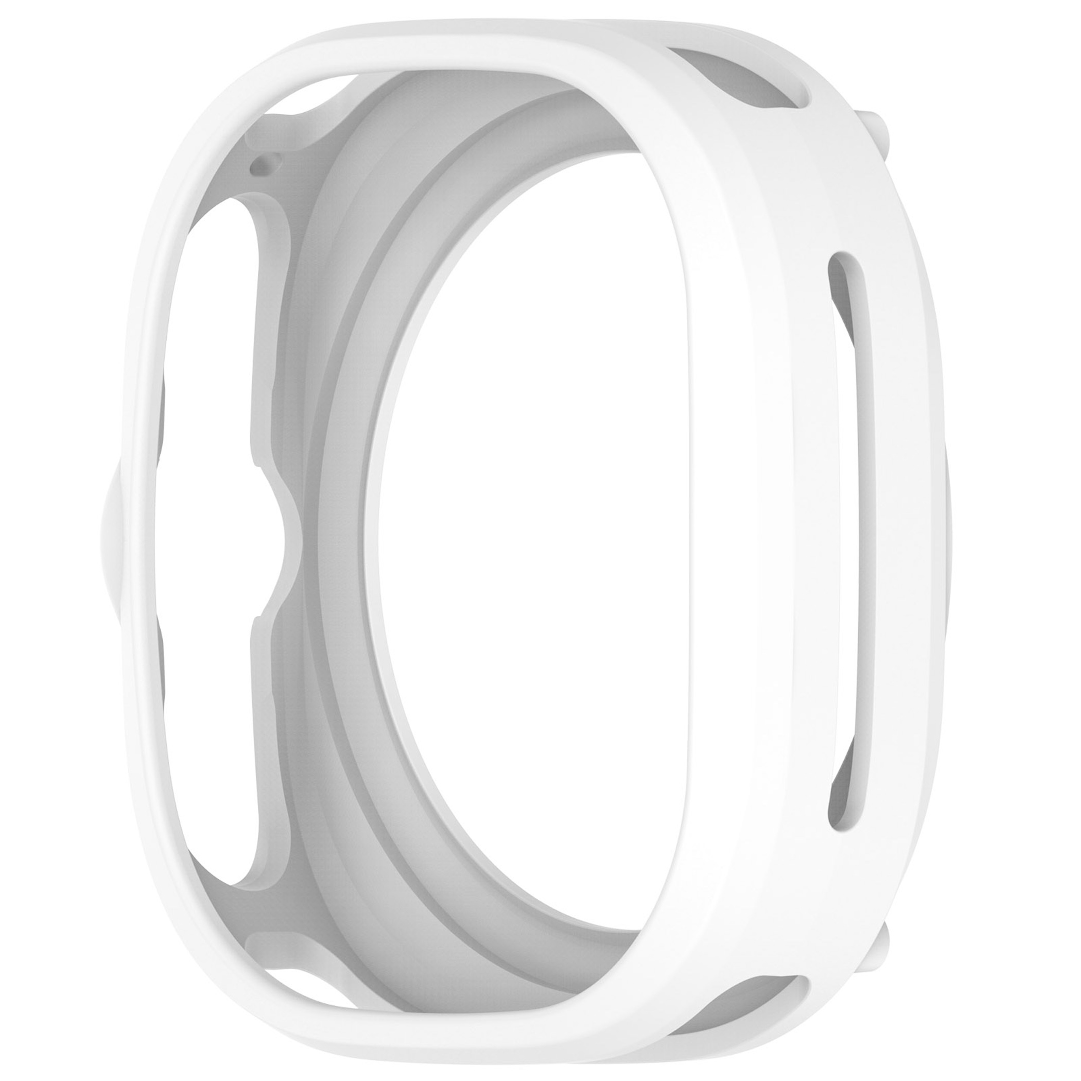 Weiße Silikon-Schutzhülle für eine Smartwatch auf weißem Hintergrund.