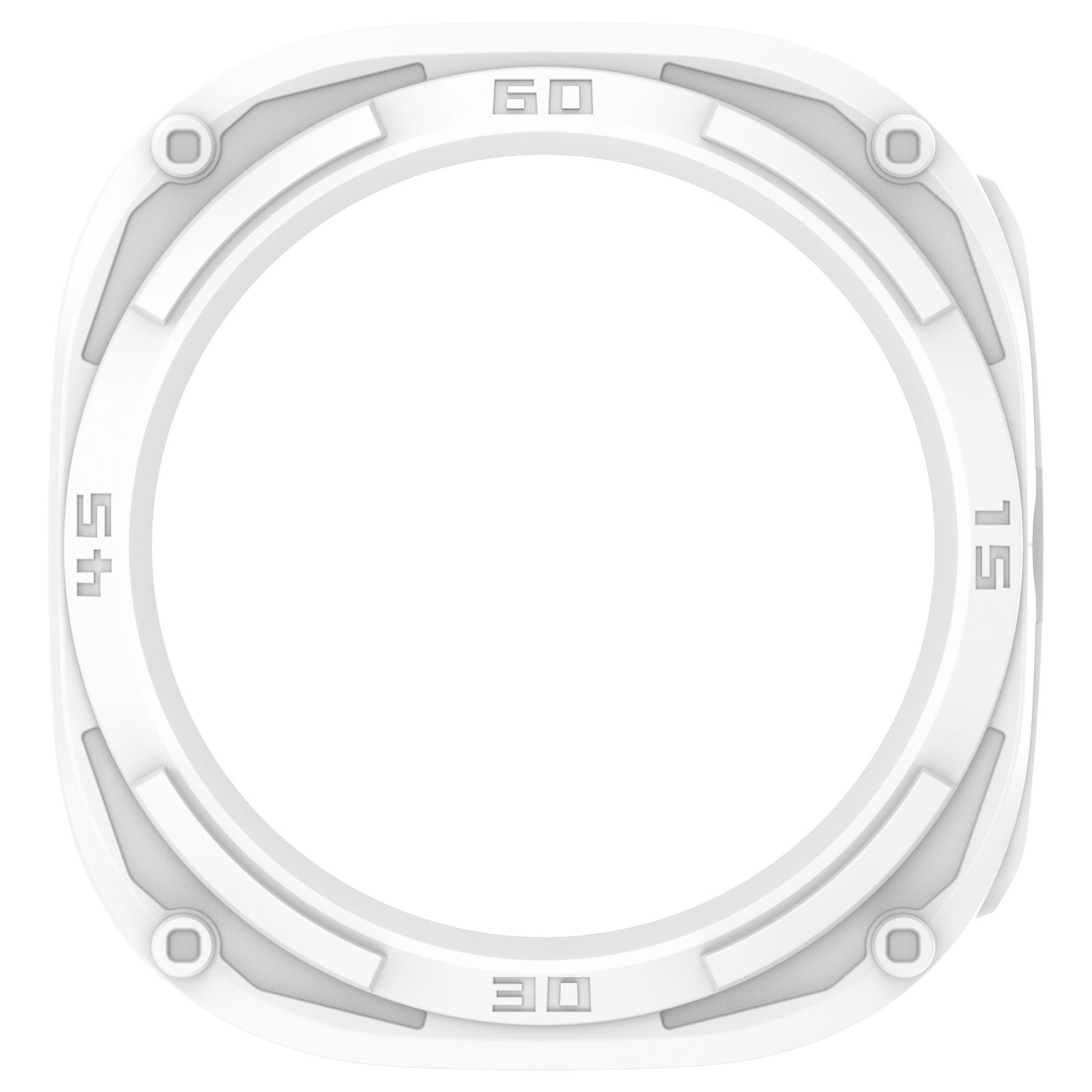 Ein weißer, quadratischer Smartwatch-Rahmen mit runder Lünette und numerischen Markierungen bei 15, 30, 45 und 60.