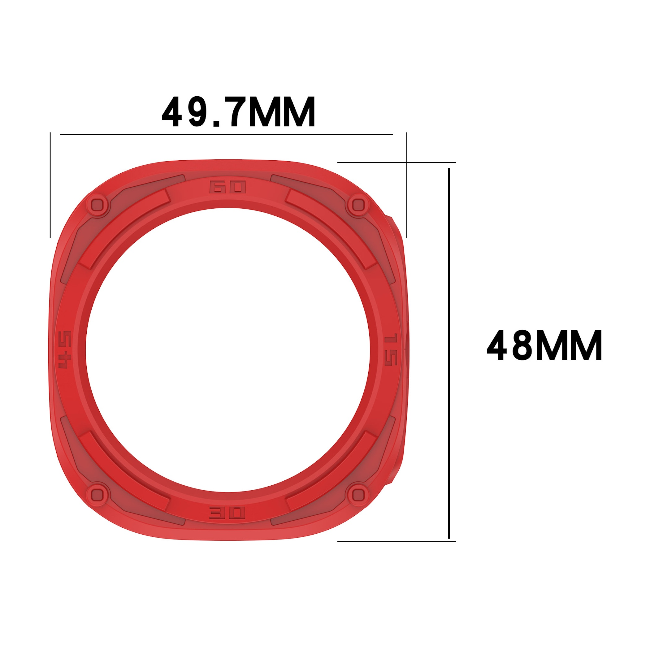 Roter, quadratischer Uhrenschutz mit den Maßen 49,7 mm Breite und 48 mm Höhe auf weißem Hintergrund.