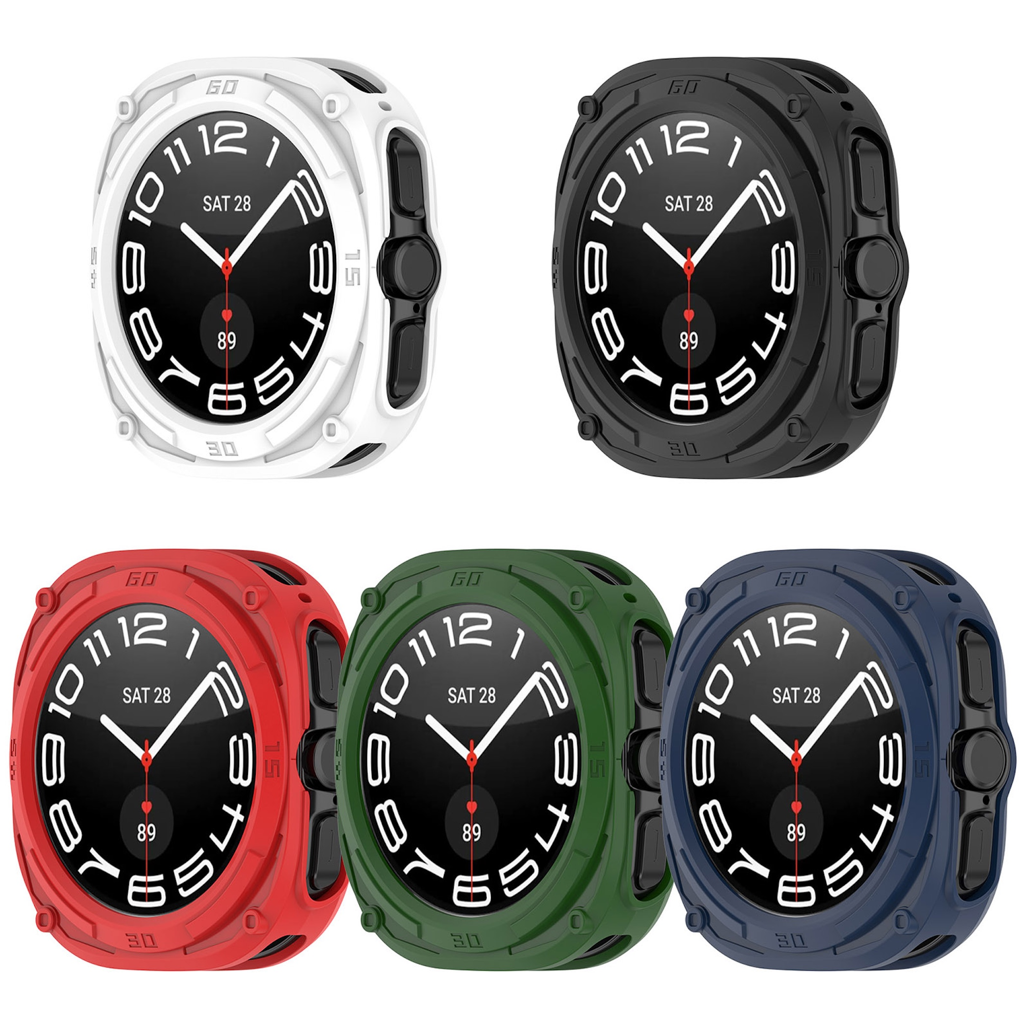 Fünf Smartwatch-Hüllen in Weiß, Schwarz, Rot, Grün und Blau auf weißem Hintergrund.