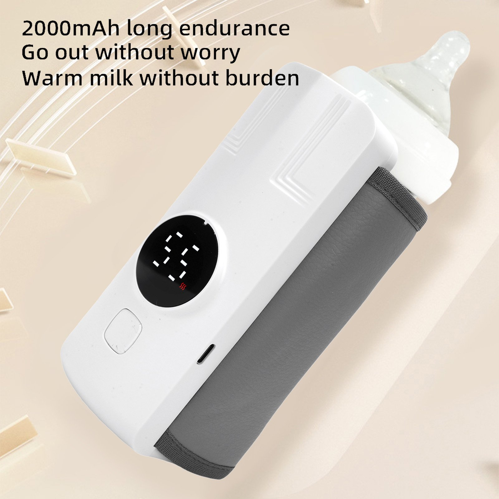 Ein tragbarer weißer Flaschenwärmer mit digitalem Display hält Milch warm.