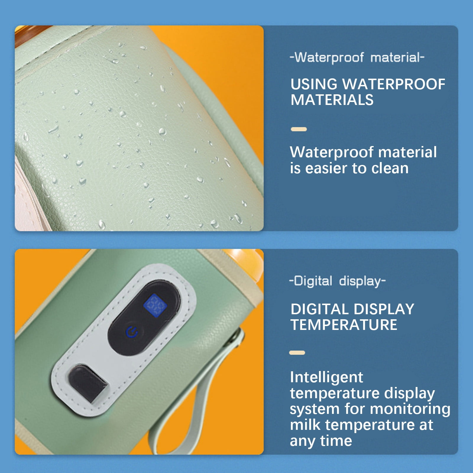 Produktmerkmale zeigen wasserdichtes Material und ein digitales Display zur Temperaturüberwachung für Babyflaschen.
