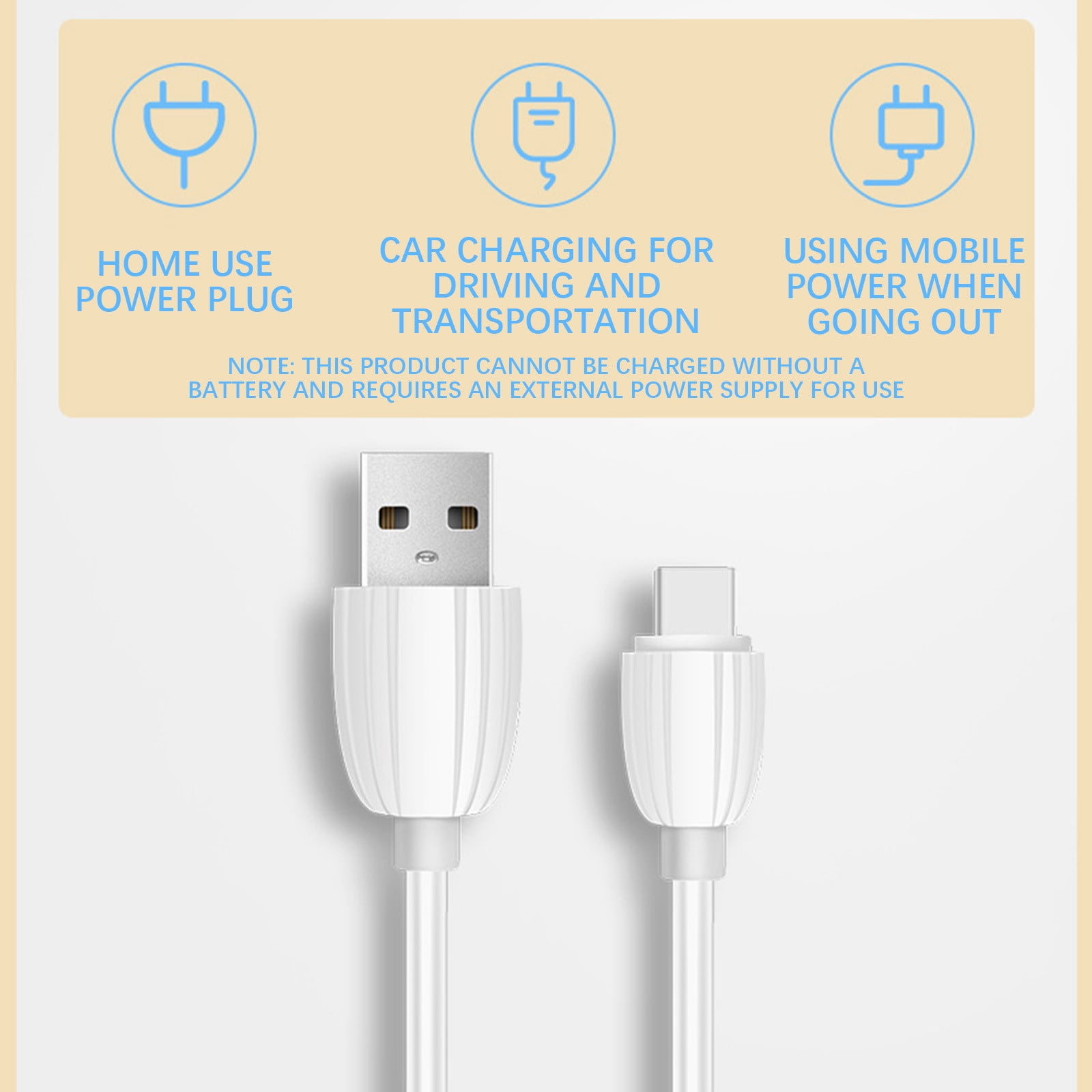 Ein weißes USB-Kabel mit Steckern wird mit Anwendungssymbolen und Texten über Ladeoptionen angezeigt.