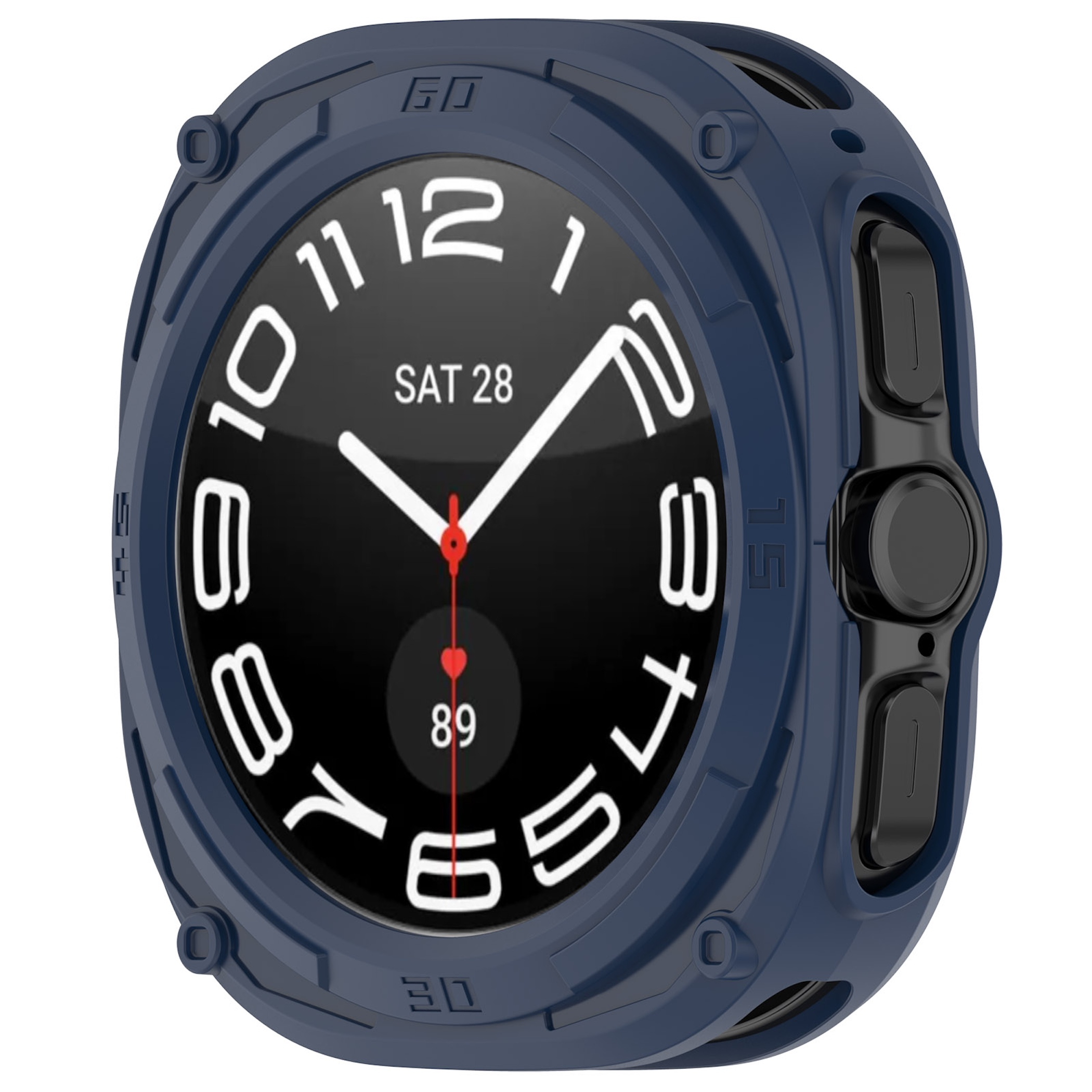 Eine blaue Outdoor-Smartwatch mit schwarzem Bildschirm, weißen Zahlen, Zeigern, SAT 28 und Puls.