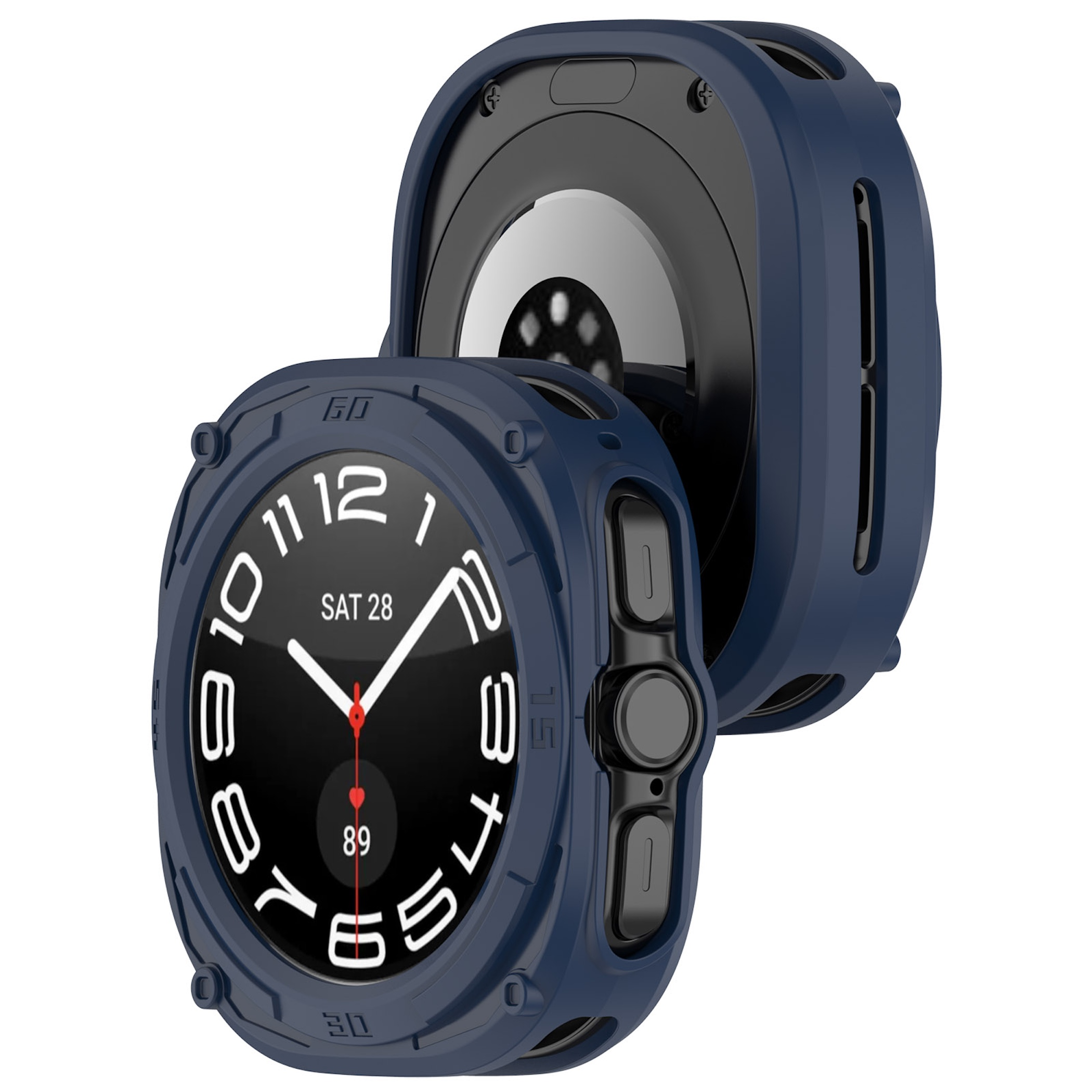 Blaue Schutzhülle für Smartwatch mit Zifferblatt vorne und Rückseite.