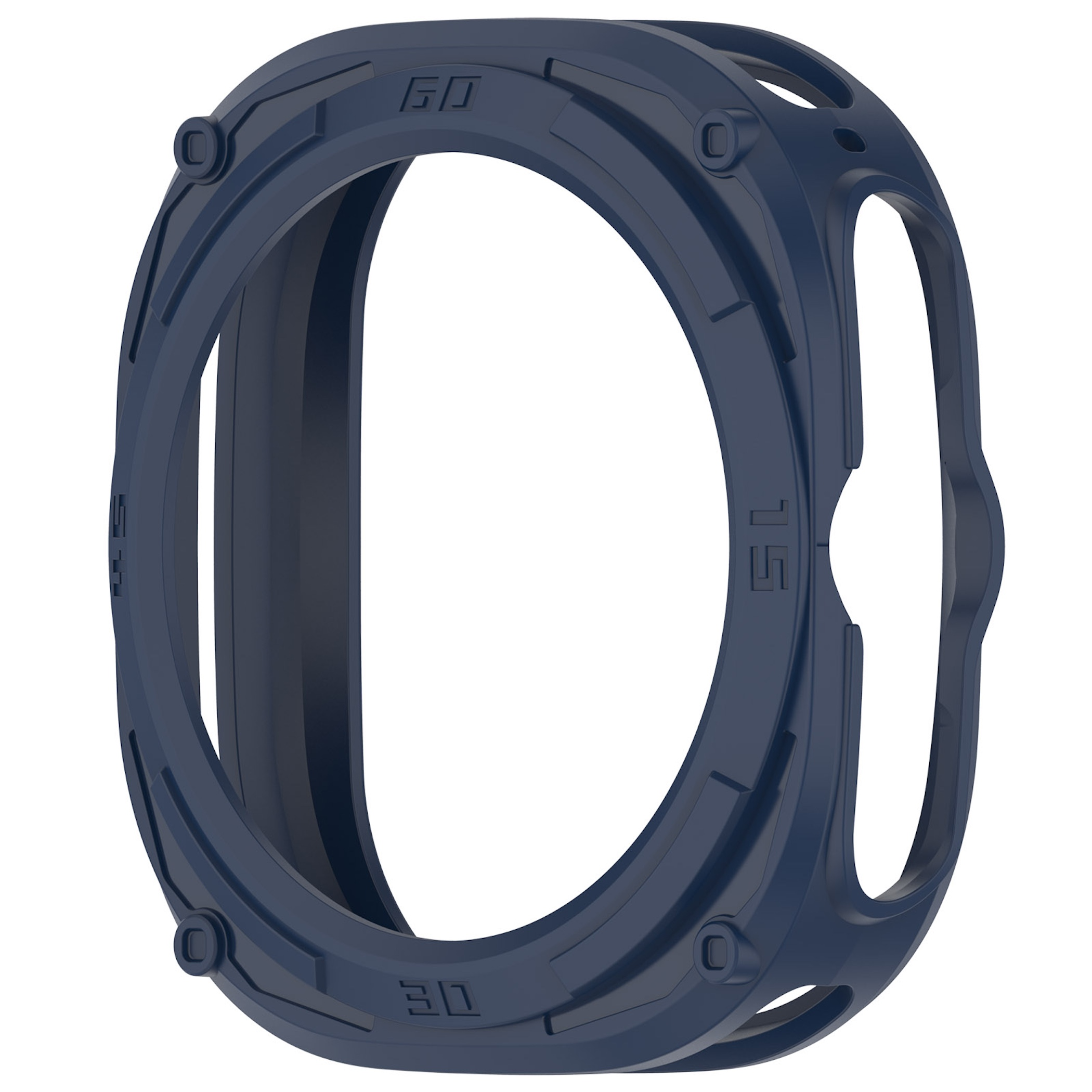 Dunkelblaue Schutzhülle für Smartwatches mit Zahlenmarkierungen auf weißem Hintergrund.