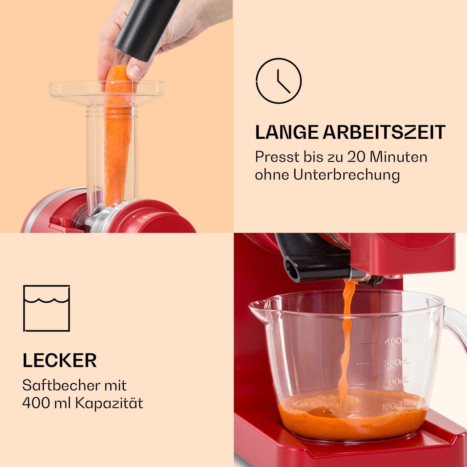 Ein roter Entsafter mit Karotte, 400ml Saftbecher und deutscher Produktwerbung.