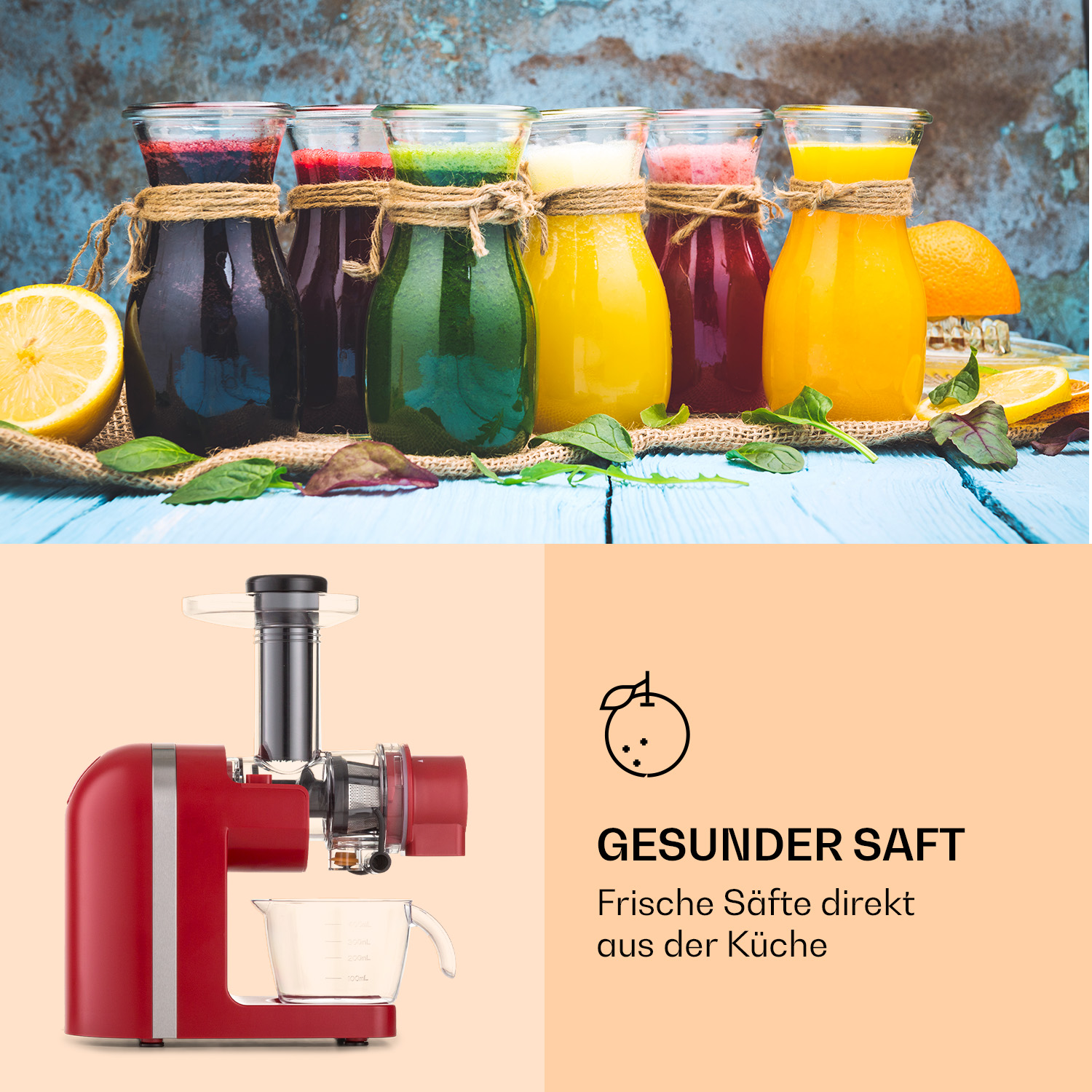 Ein roter Entsafter steht auf beigem Hintergrund neben der Aufschrift 'Gesunder Saft' und einer Obstgrafik.