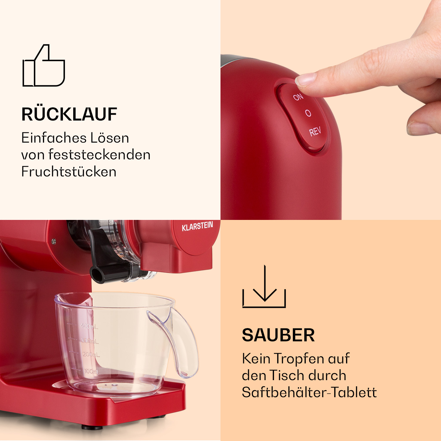 Ein Finger drückt einen roten Entsafterknopf, mit deutschem Text zu Rücklauf und Auffangbehälter.