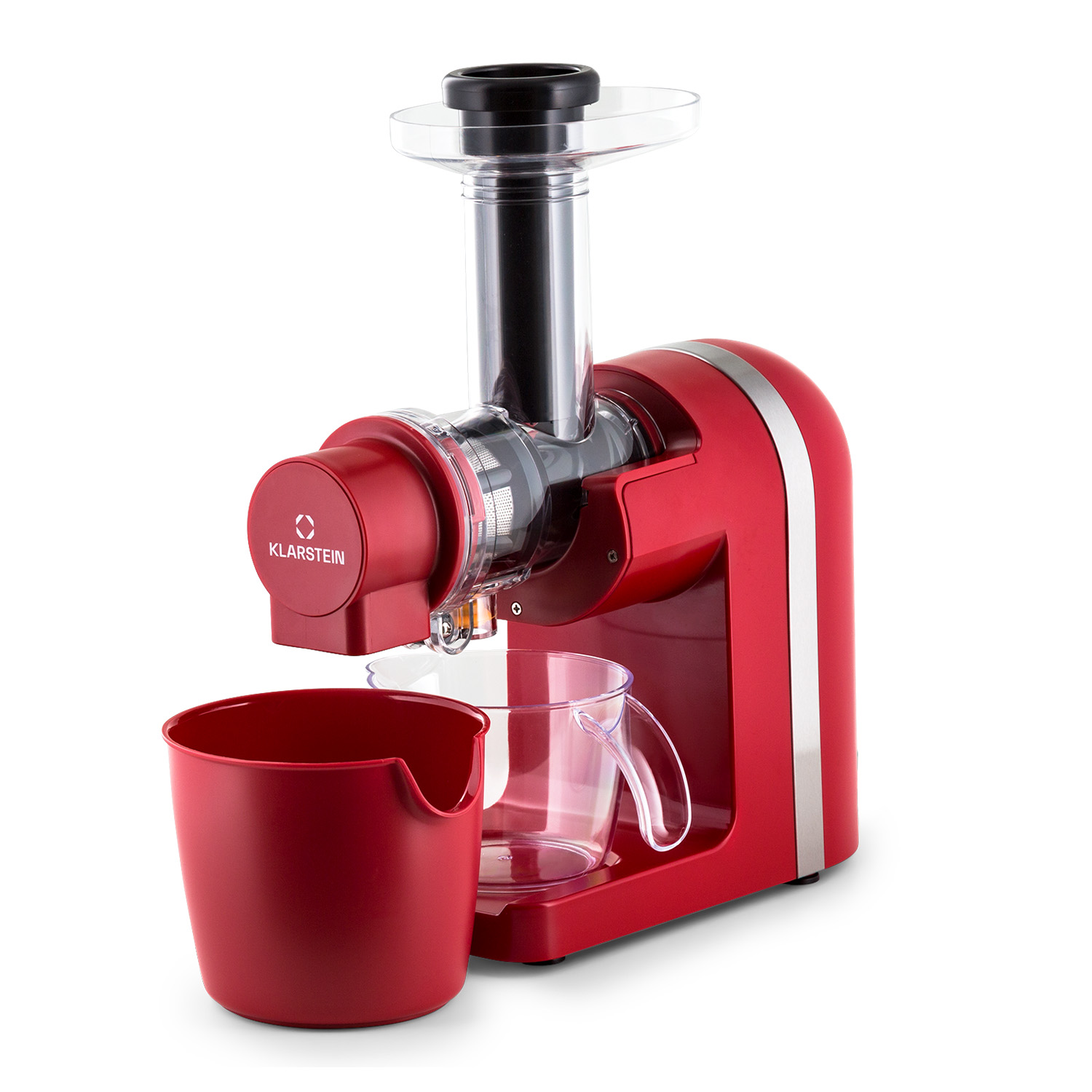 Ein roter Klarstein Slow Juicer mit transparenter Einfüllöffnung, Pressschnecke und zwei Sammelbehältern.
