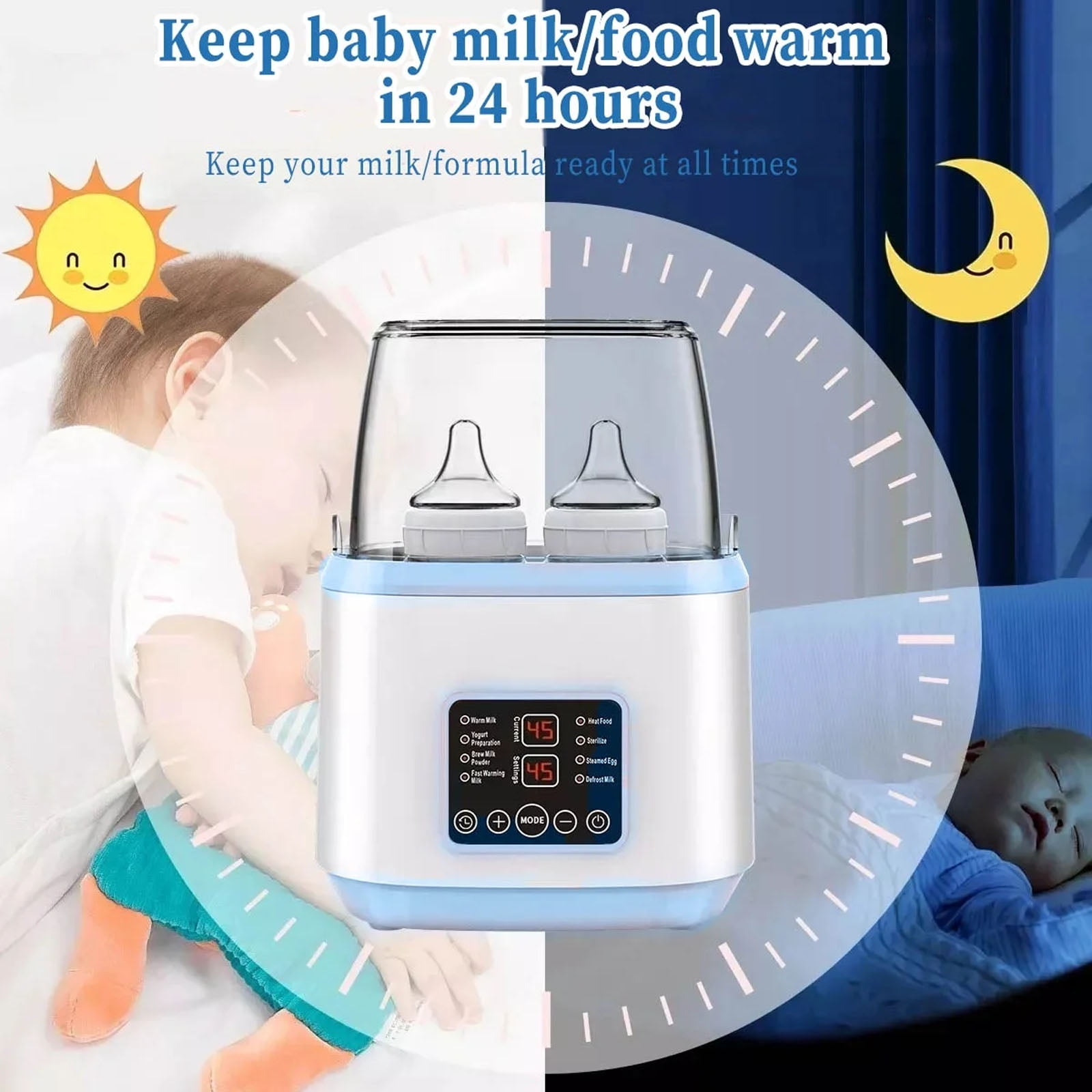 Ein weiß-blauer Babyflaschenwärmer mit zwei Flaschen, flankiert von einem lächelnden Sonn- und Mondmotiv.