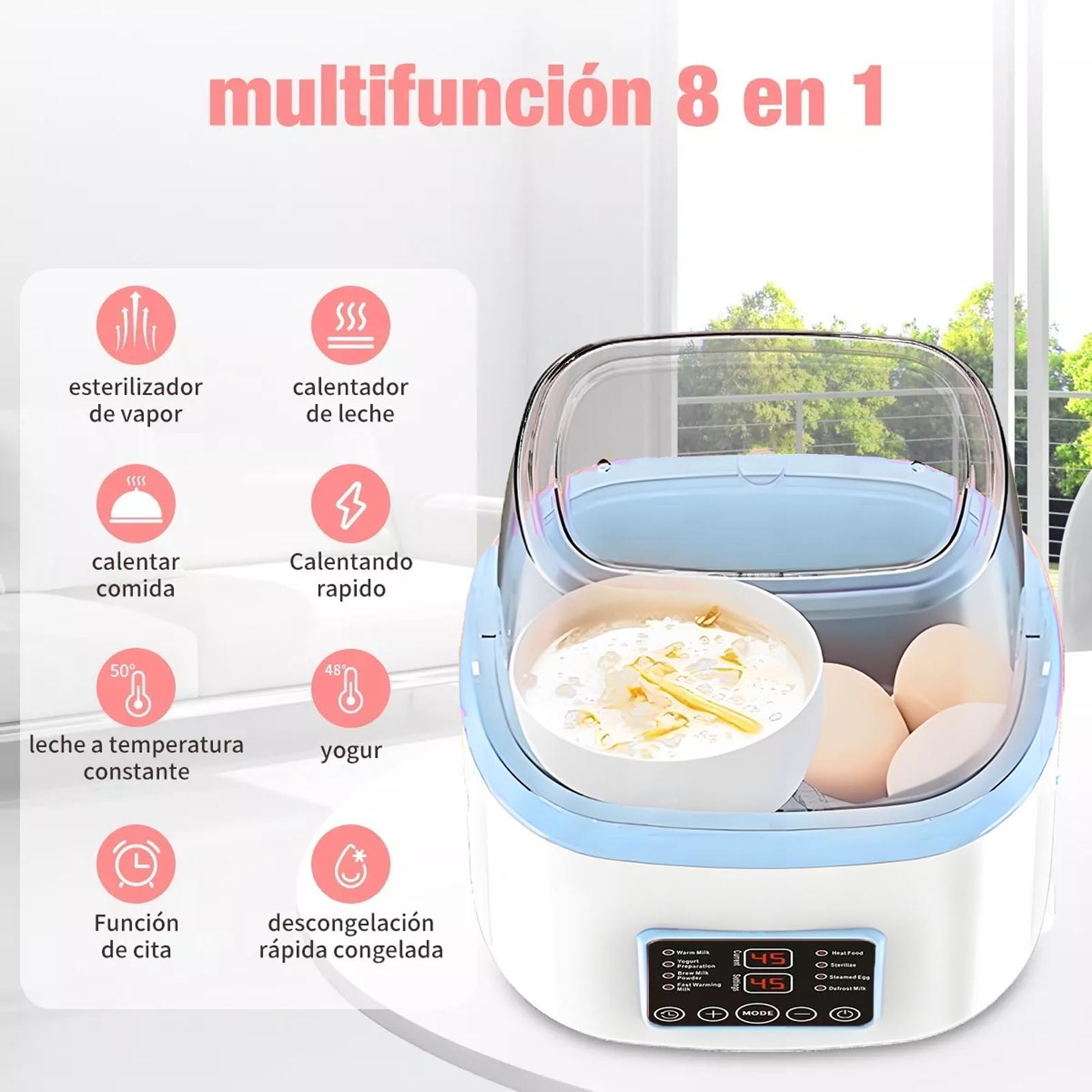 Ein multifunktionales 8-in-1-Gerät mit einer Schüssel Suppe und Eiern im Inneren und Infografiken auf der linken Seite.
