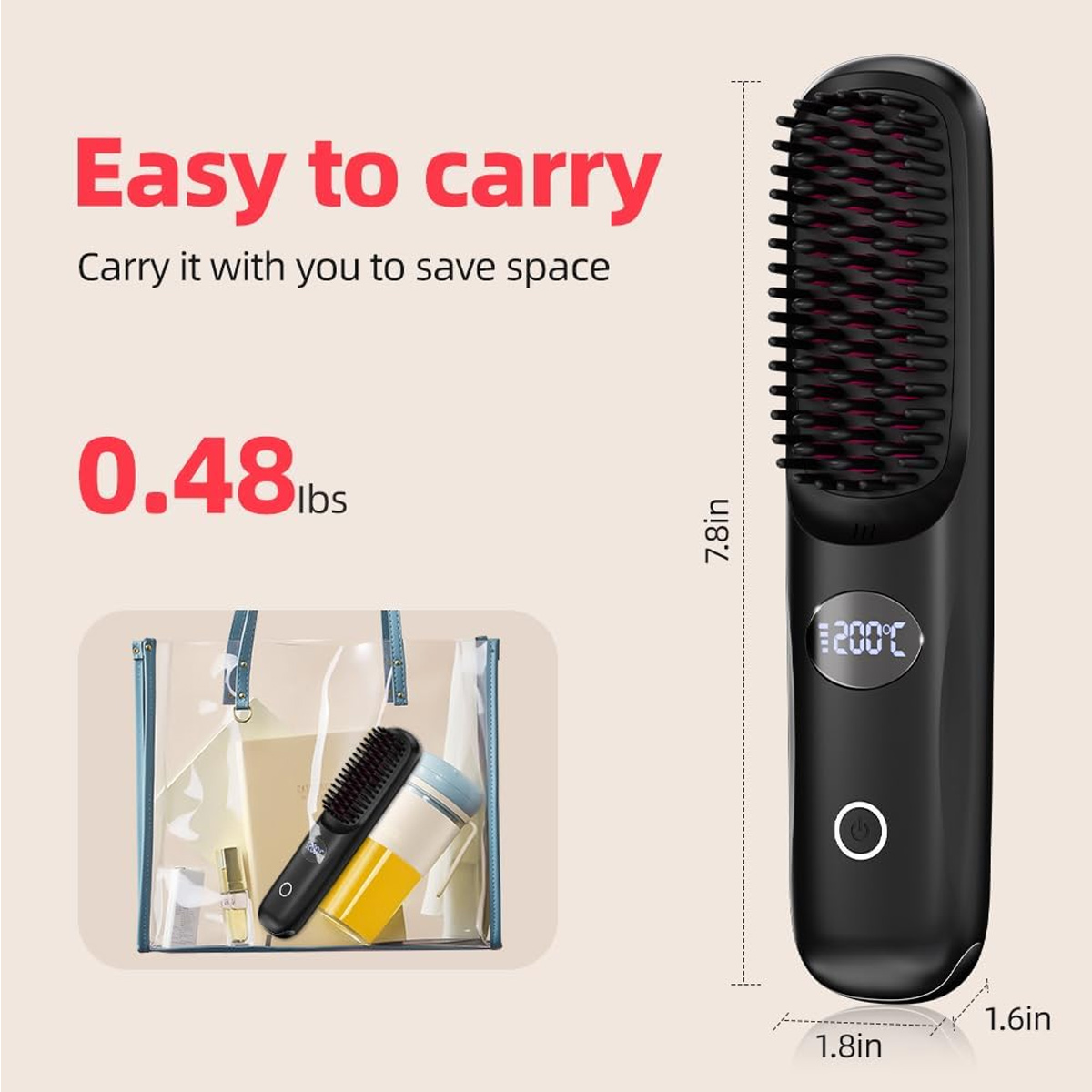 Tragbare schwarze Haarglätterbürste mit 7.8 Zoll Länge und 0.48 lbs Gewicht, ideal für unterwegs.