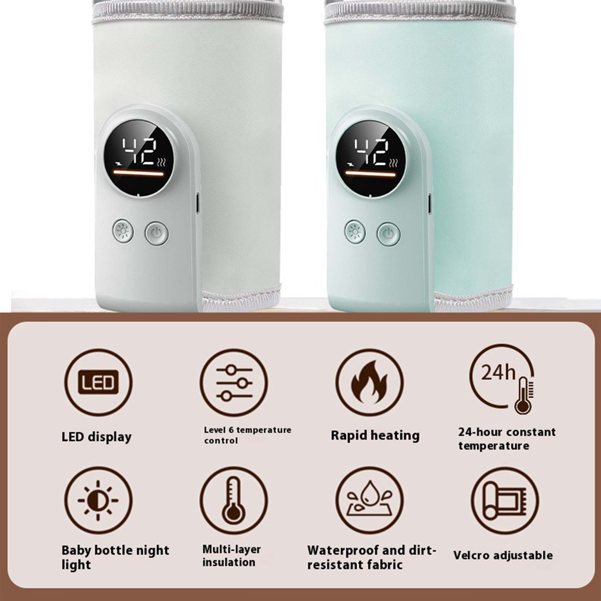 Zwei Flaschenwärmer mit LED-Display und Icons für Funktionen wie Temperaturregelung, schnelles Erhitzen und wasserdichtes Material.