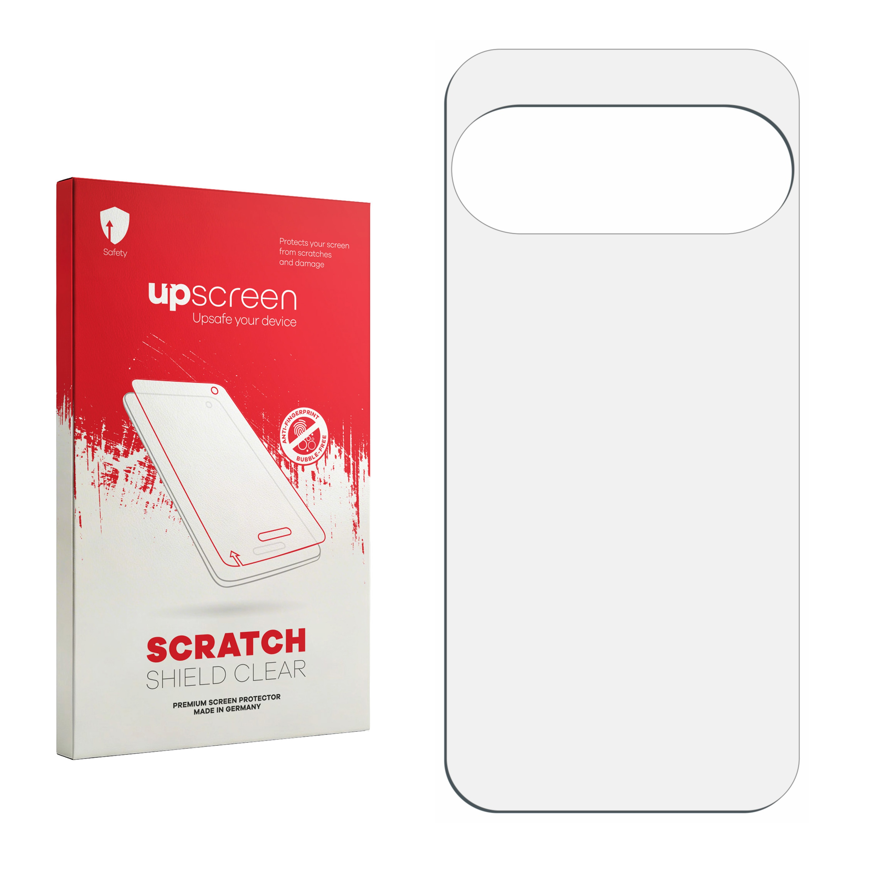 Eine upscreen Scratch Shield Clear Displayschutzverpackung mit daneben liegender Schutzfolie.