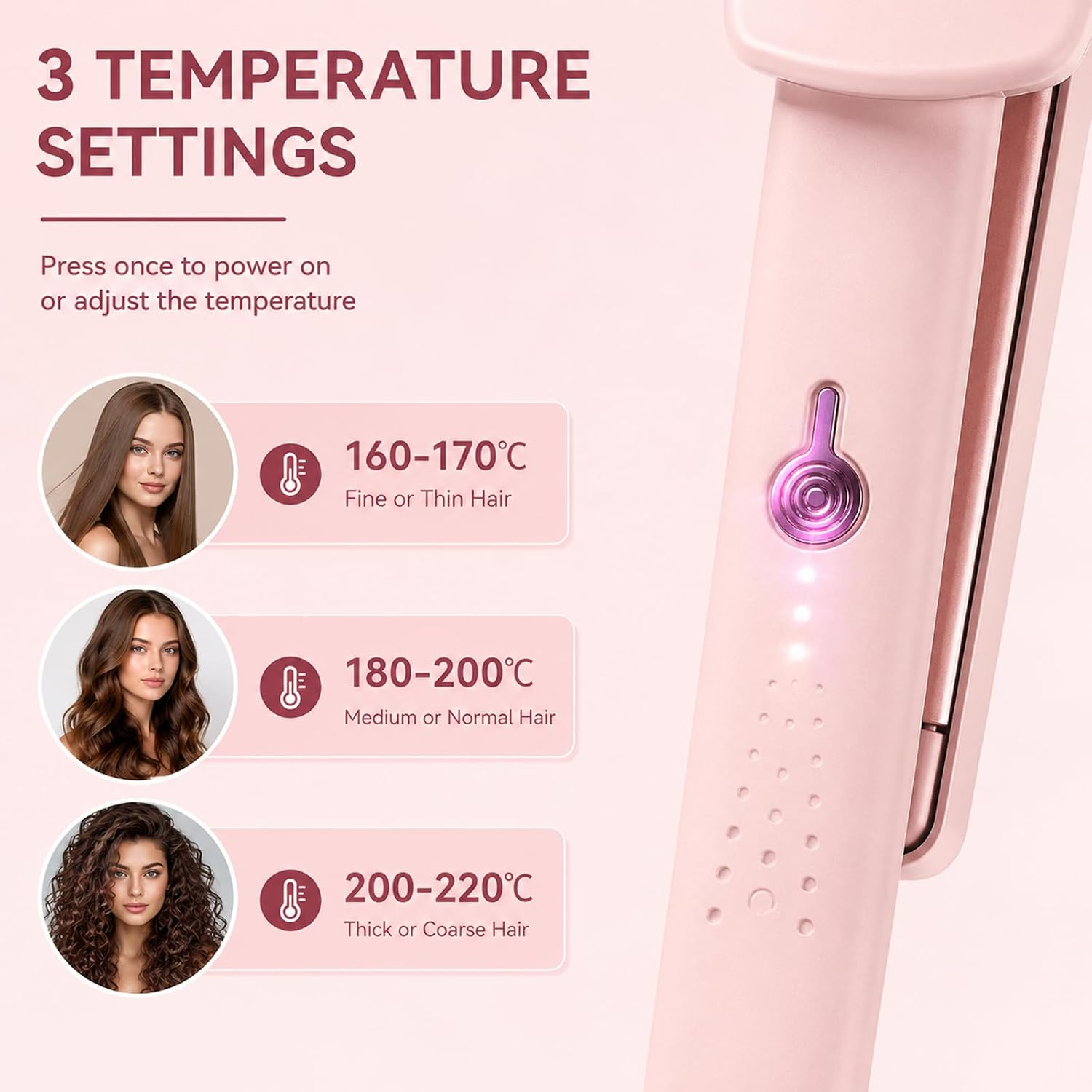 Rosa Haarglätter mit drei Temperatureinstellungen für verschiedene Haartypen.