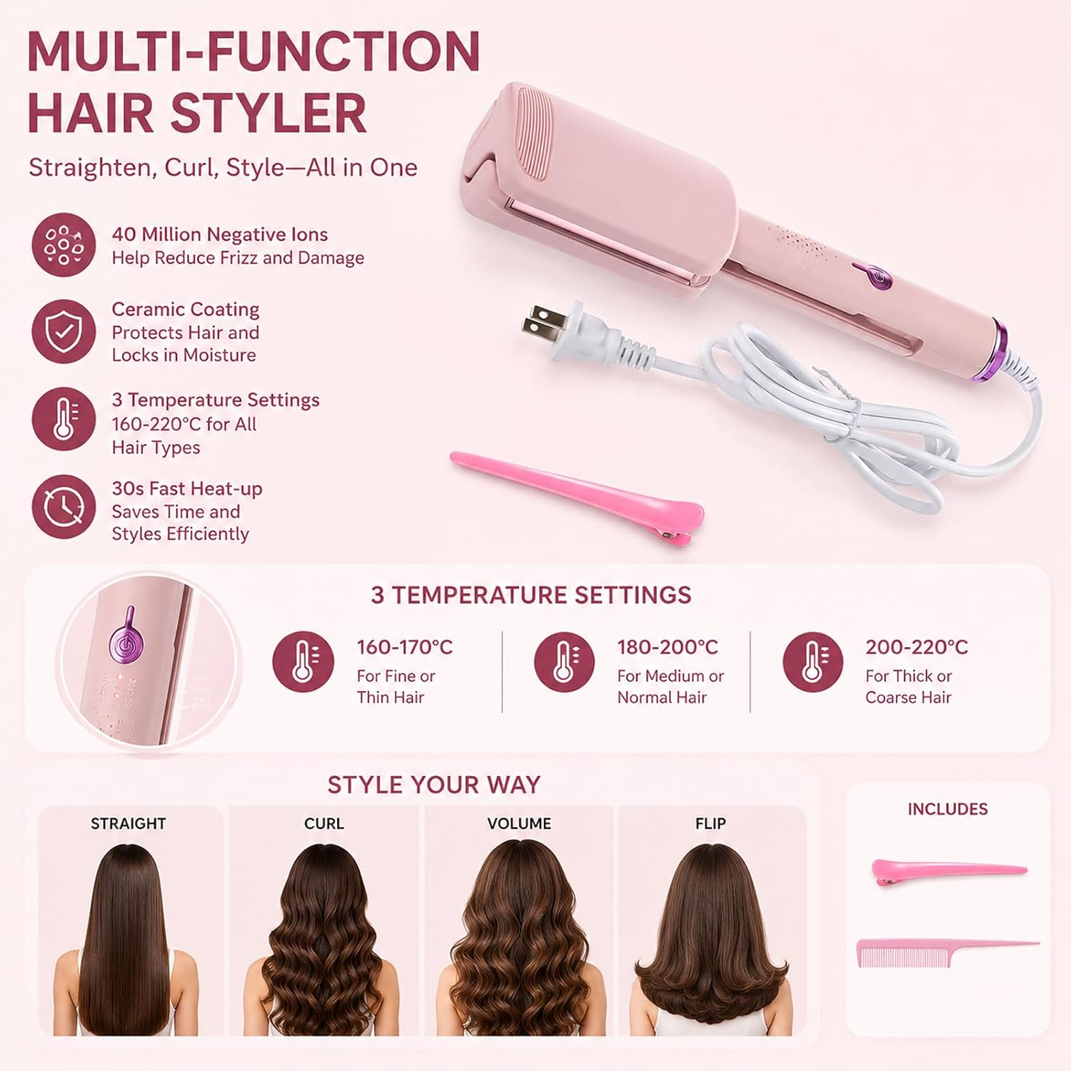 Rosa multifunktionaler Haarstyler mit Einstellungen, Haarklammer und Beispielen für verschiedene Frisuren.
