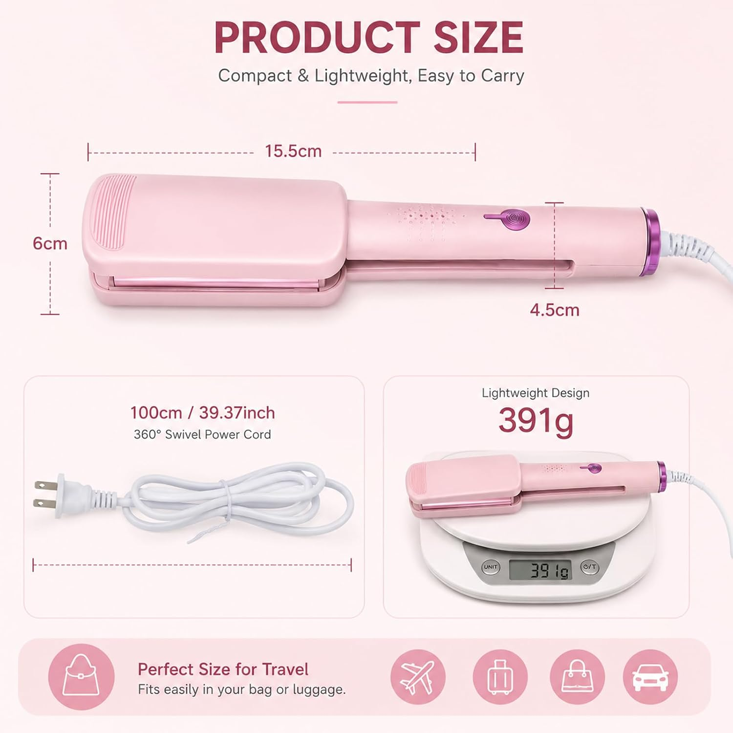 Kompaktes rosa Glätteisen mit Maßen, 391g Gewicht auf einer Waage und Reisesymbolen.